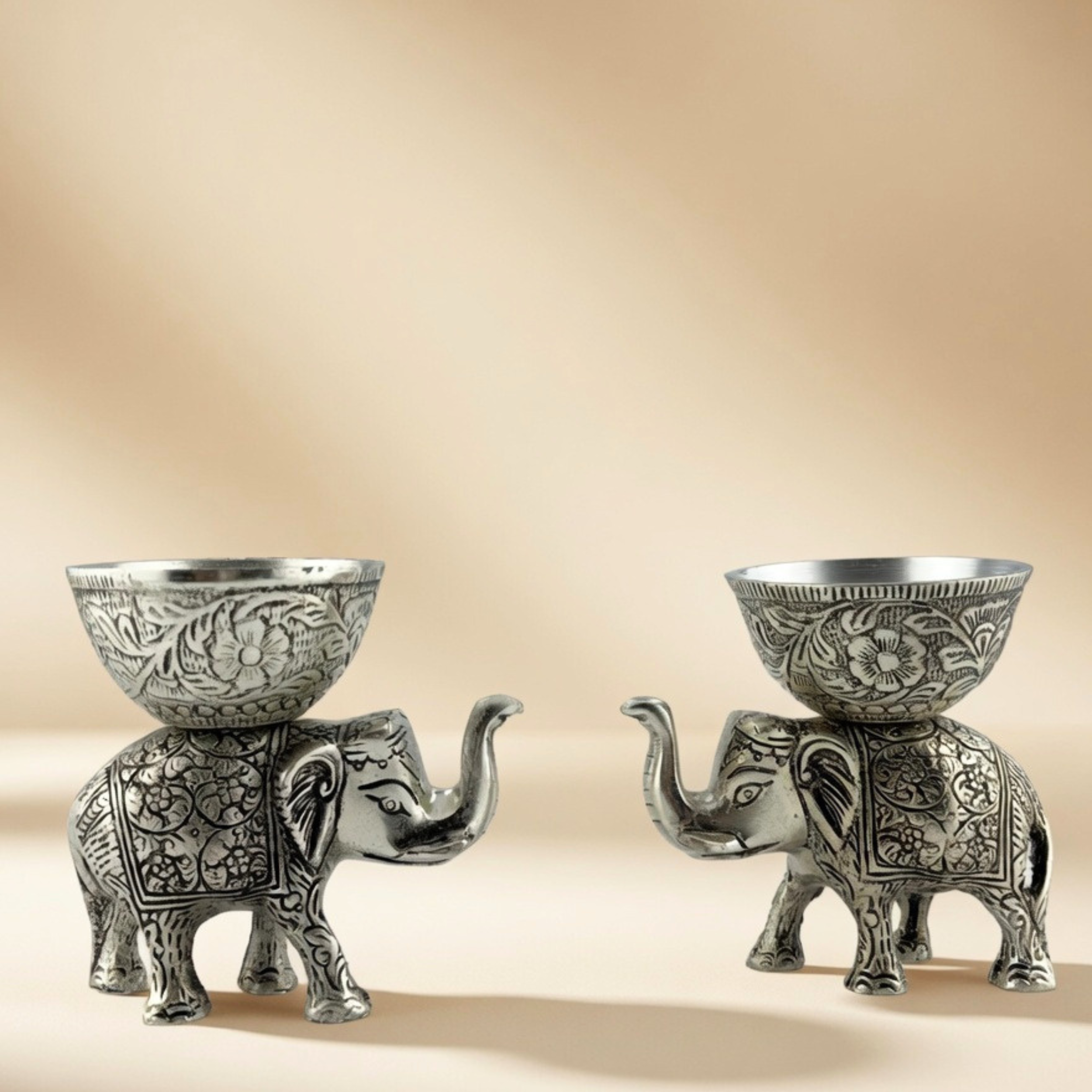 Handcrafted Silver Elephant Dry Fruit Bowl Set – Antique Serving Set for Table Decor & Premium Gifting | Gulabi Craft