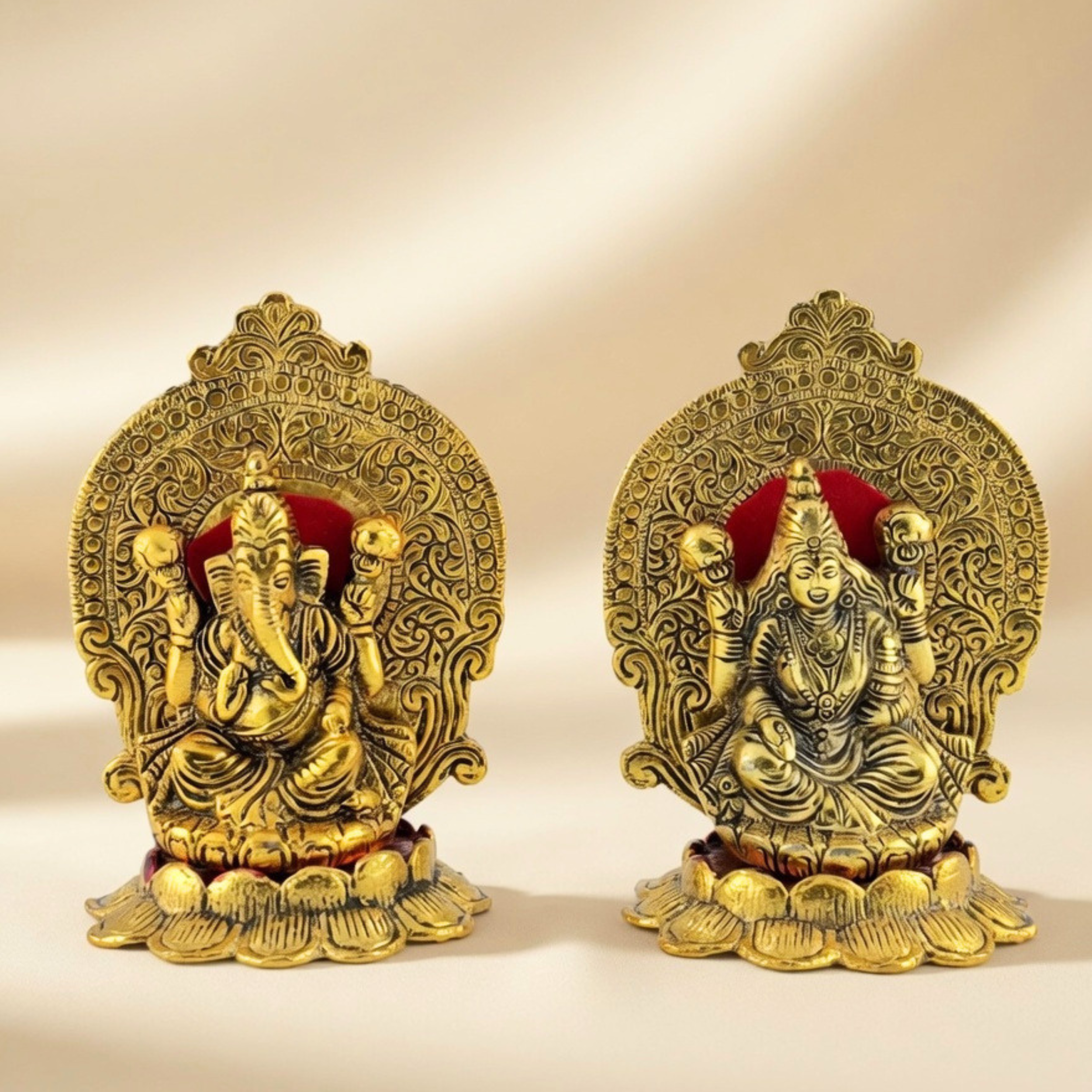 Gulabi Craft Kamal Mehrab Laxmi Ganesha Idol Set – Antique Gold Finish Pooja Room Decor &amp; Auspicious Gift Item
