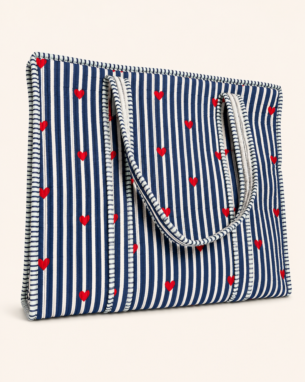 Navy Blue Stripe Red Heart Quilted Canvas Tote Bag | Handcrafted Cotton Shoulder Bag with Inner Pocket | Gulabi Craft