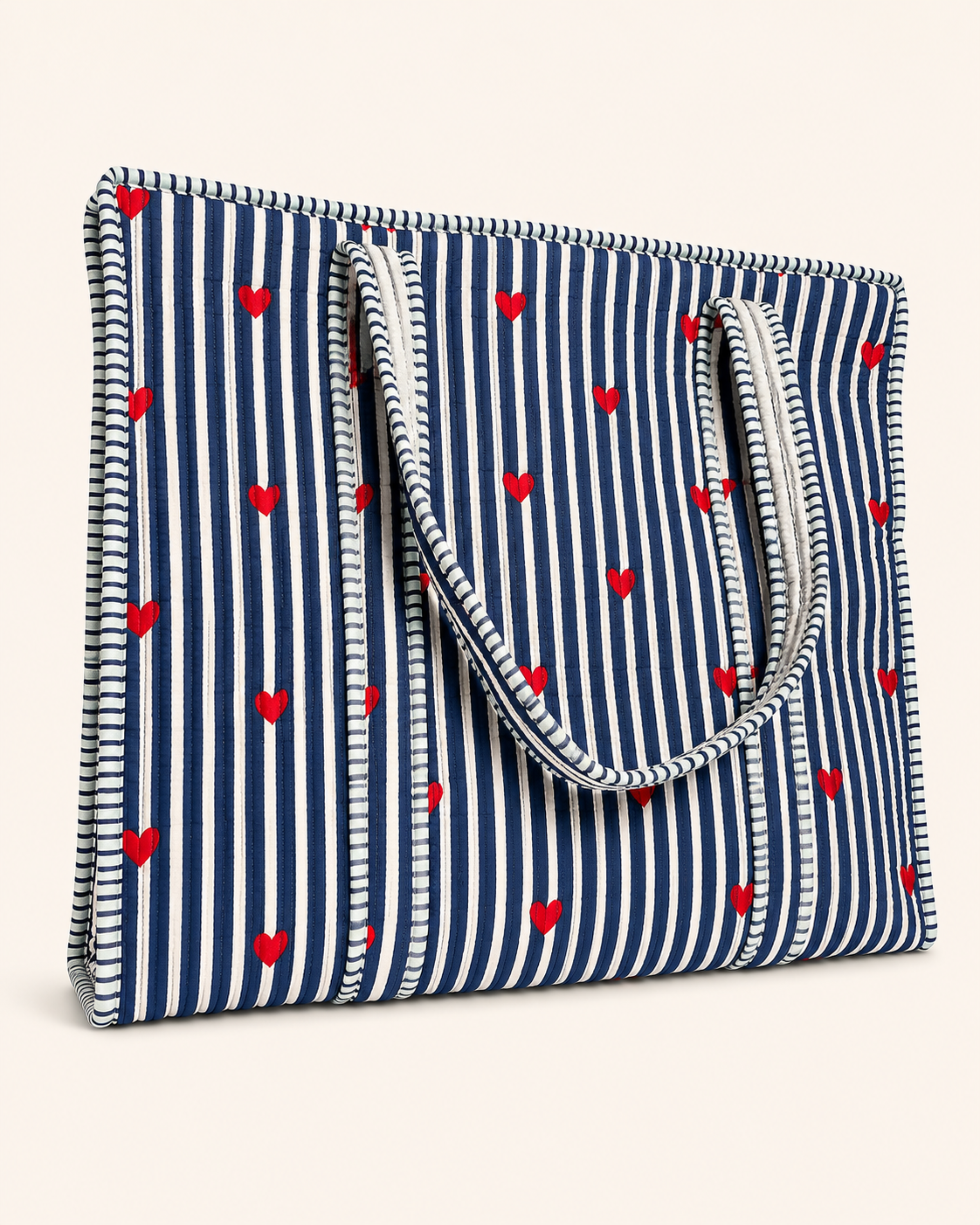 Navy Blue Stripe Red Heart Quilted Canvas Tote Bag | Handcrafted Cotton Shoulder Bag with Inner Pocket | Gulabi Craft