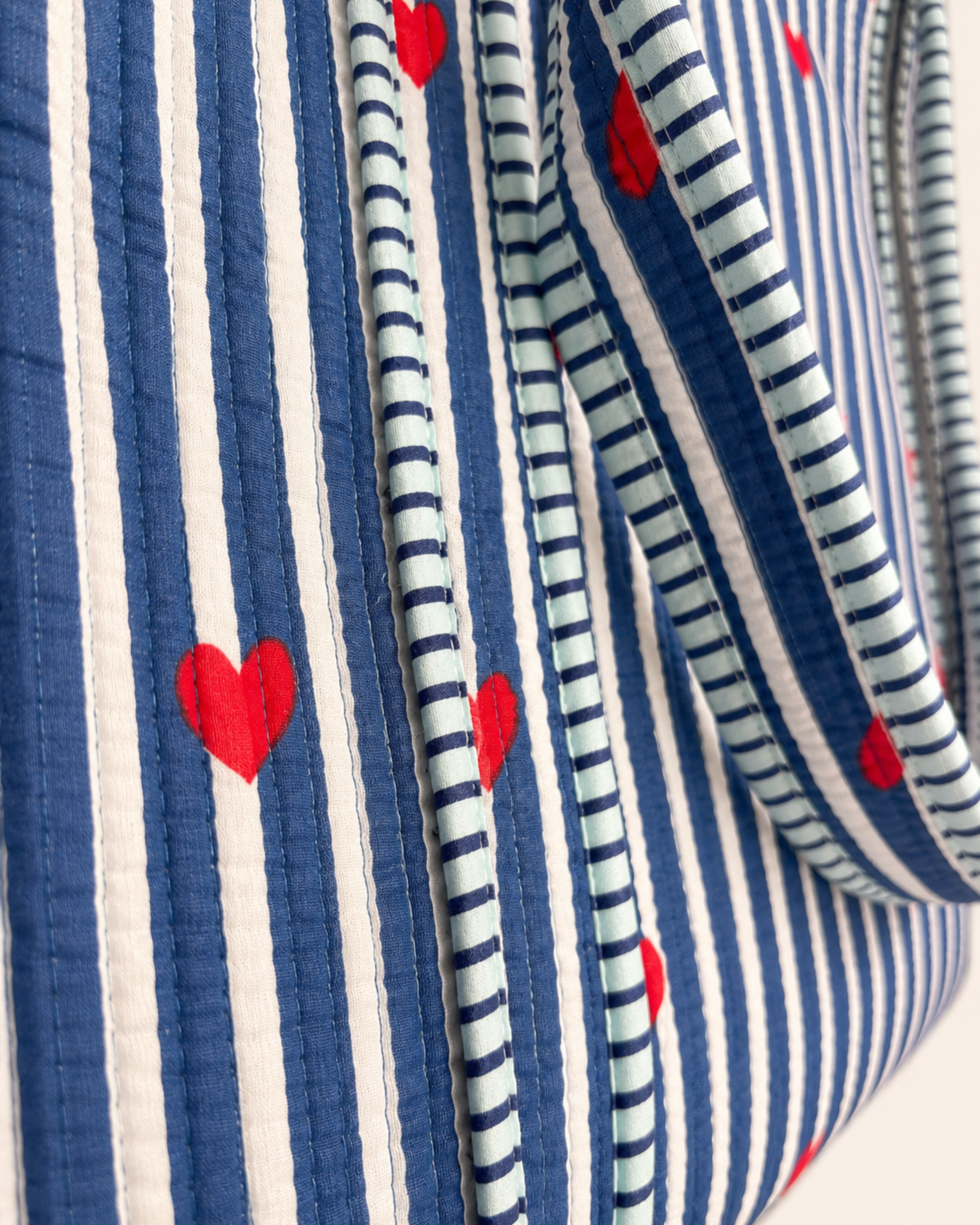 Navy Blue Stripe Red Heart Quilted Canvas Tote Bag | Handcrafted Cotton Shoulder Bag with Inner Pocket | Gulabi Craft