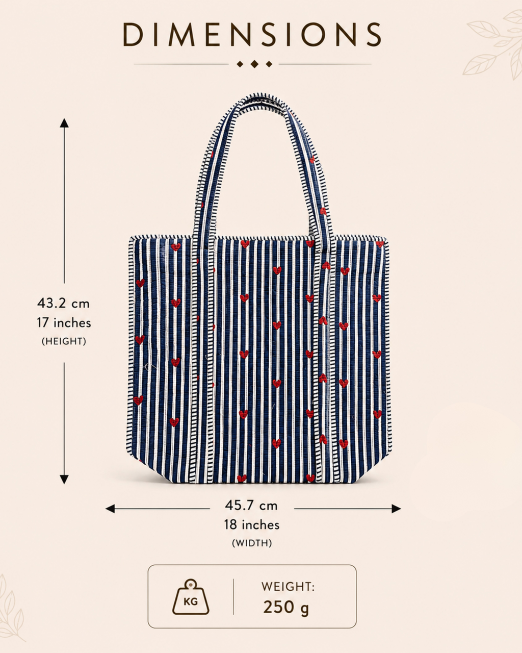Navy Blue Stripe Red Heart Quilted Canvas Tote Bag | Handcrafted Cotton Shoulder Bag with Inner Pocket | Gulabi Craft