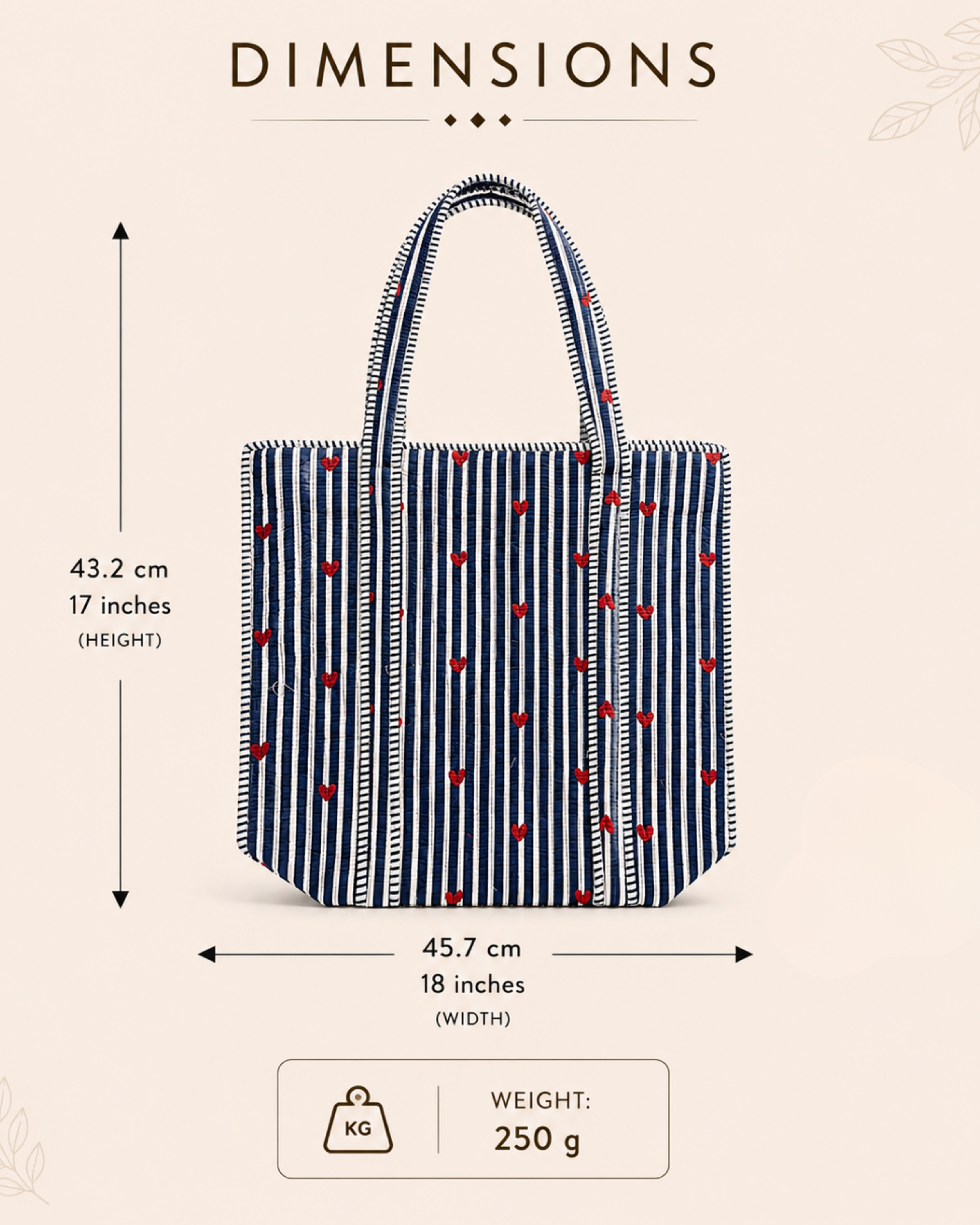 Navy Blue Stripe Red Heart Quilted Canvas Tote Bag | Handcrafted Cotton Shoulder Bag with Inner Pocket | Gulabi Craft