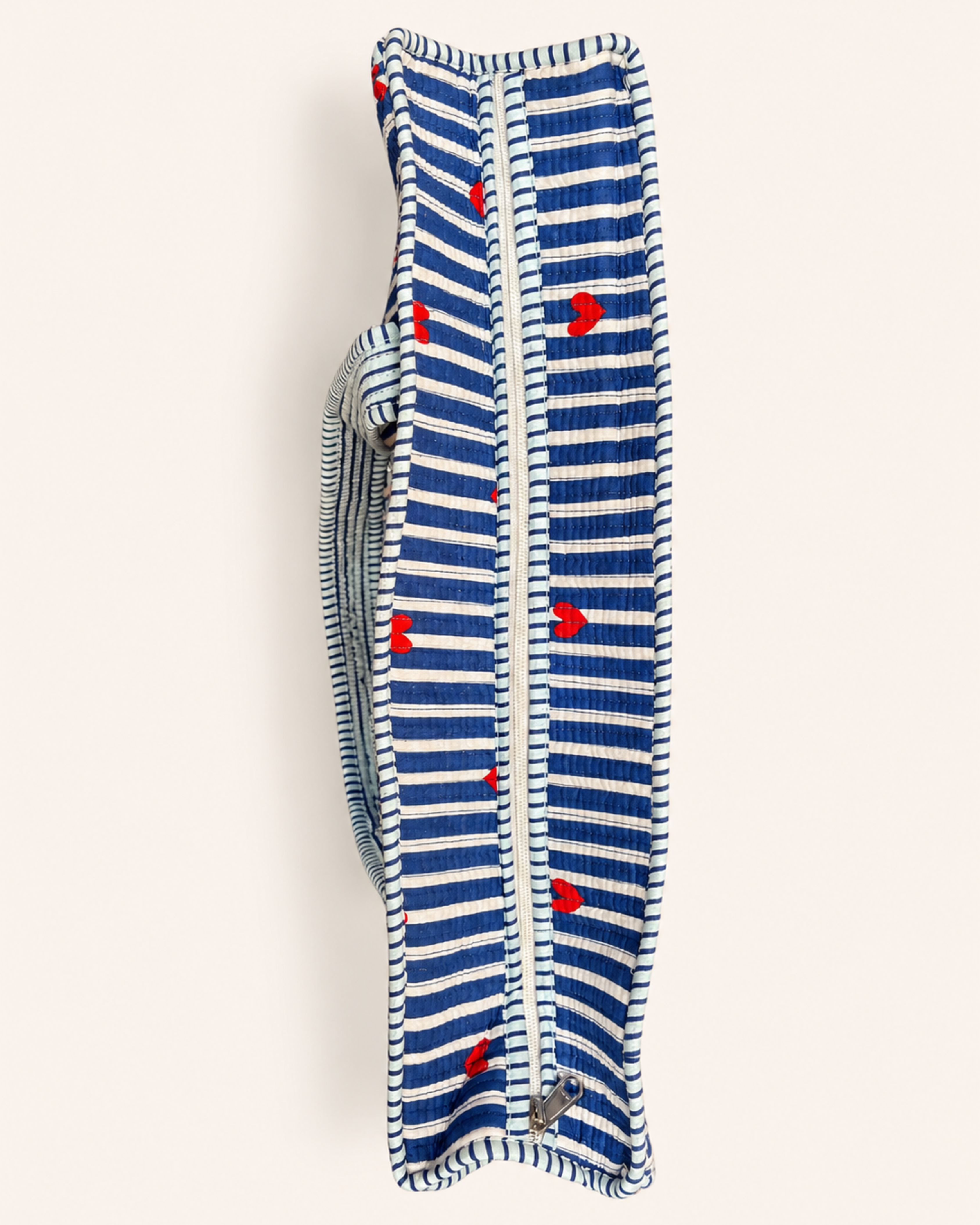 Navy Blue Stripe Red Heart Quilted Canvas Tote Bag | Handcrafted Cotton Shoulder Bag with Inner Pocket | Gulabi Craft