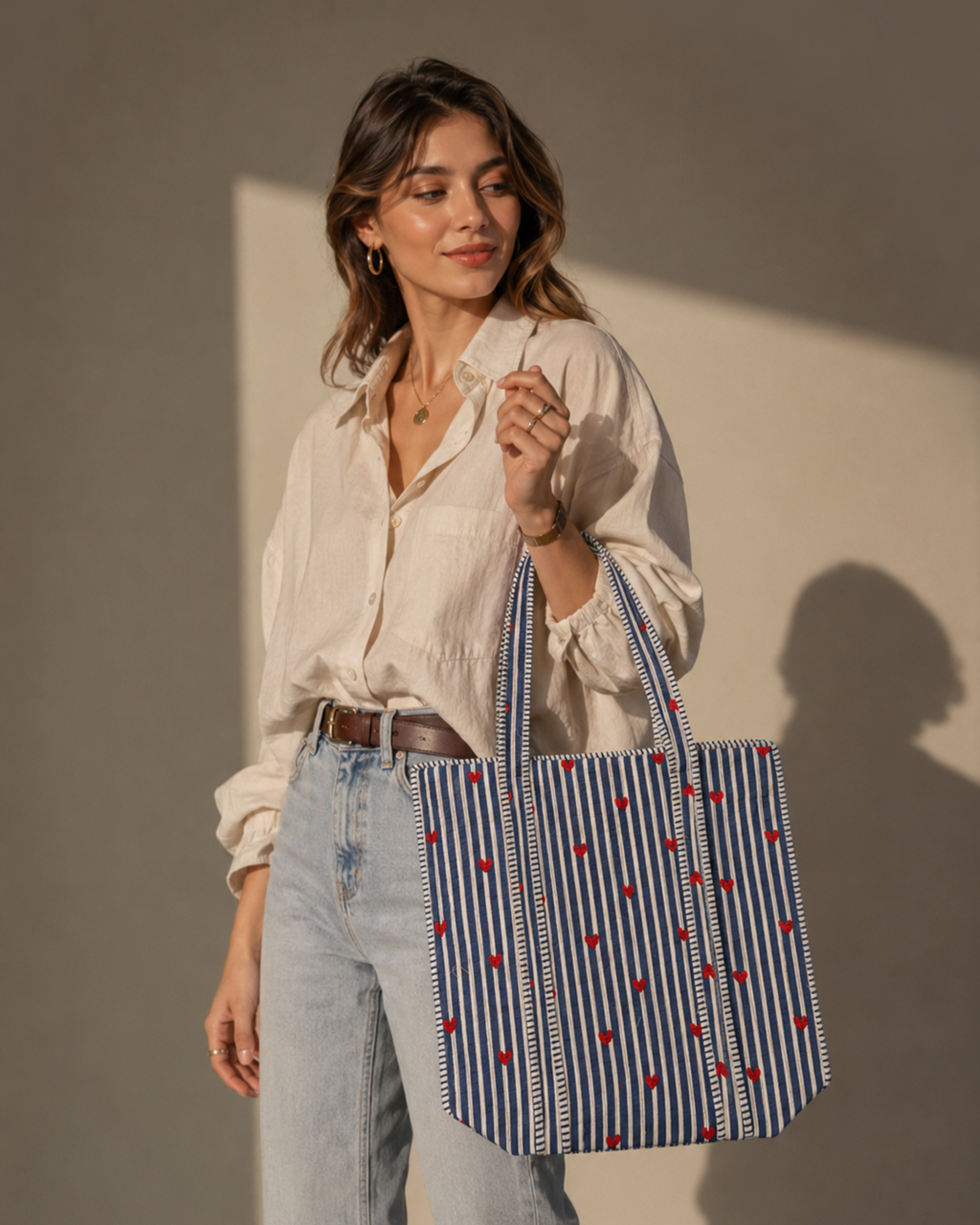 Navy Blue Stripe Red Heart Quilted Canvas Tote Bag | Handcrafted Cotton Shoulder Bag with Inner Pocket | Gulabi Craft