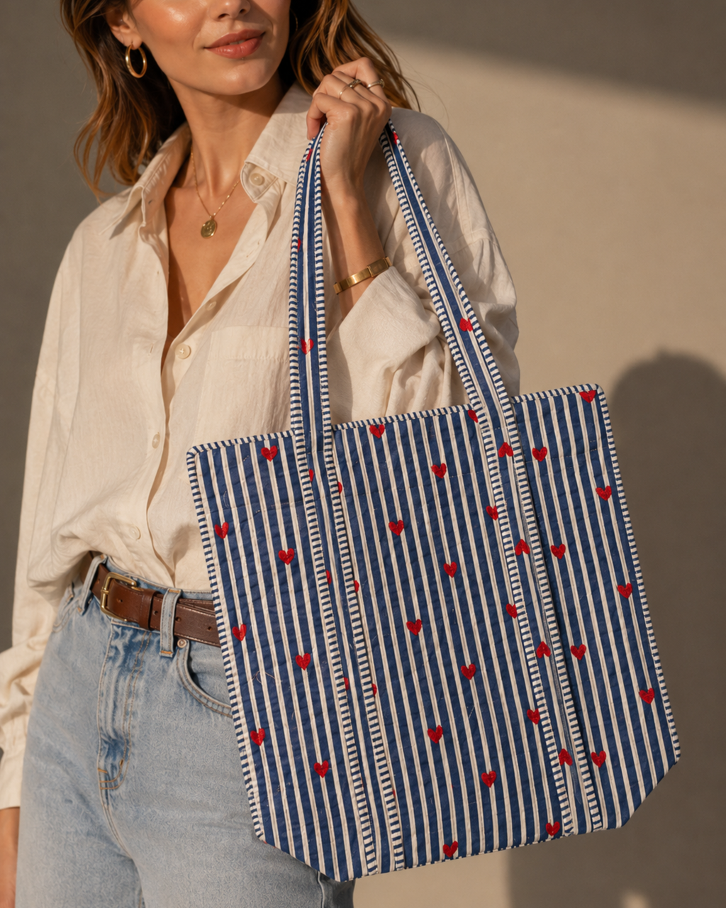 Navy Blue Stripe Red Heart Quilted Canvas Tote Bag | Handcrafted Cotton Shoulder Bag with Inner Pocket | Gulabi Craft