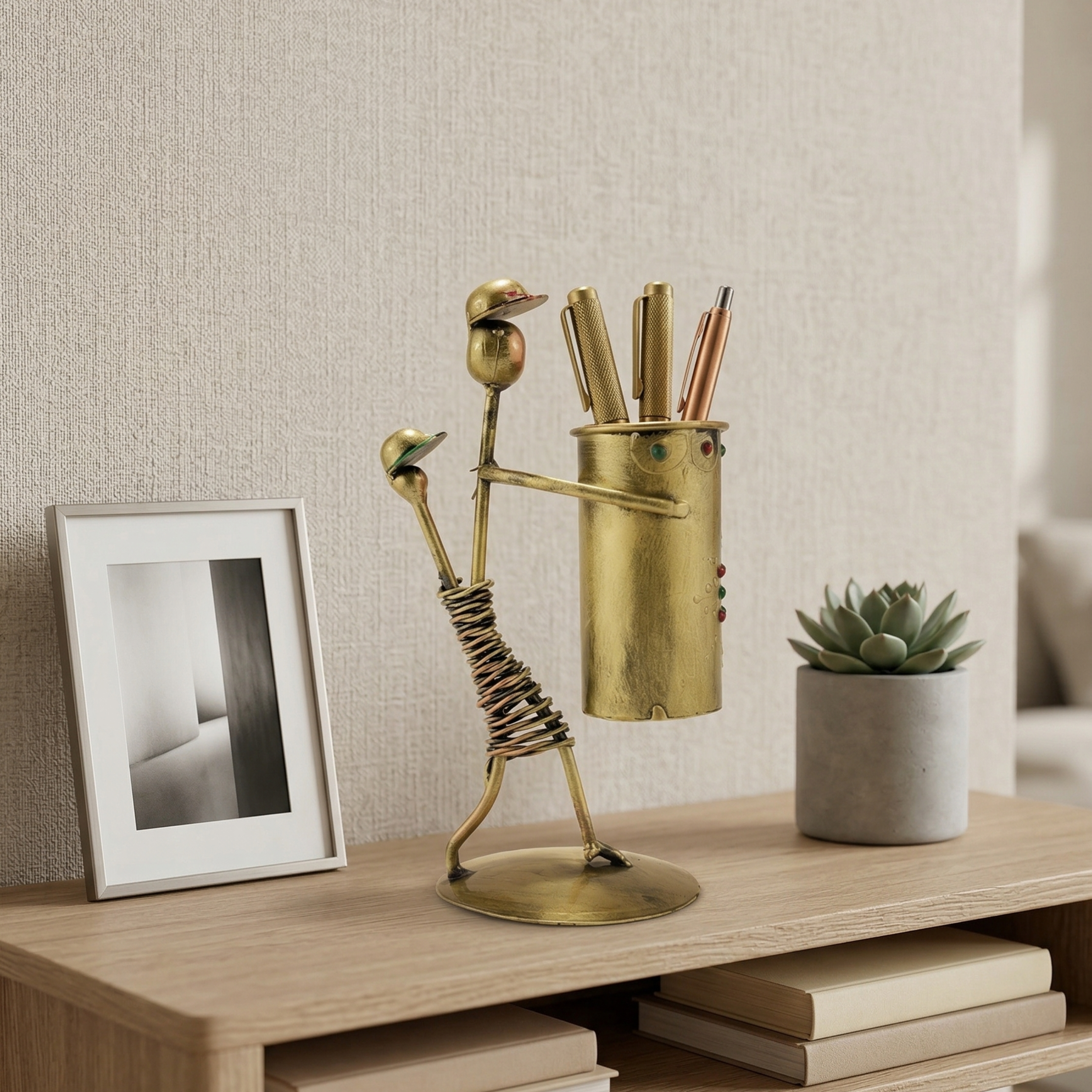 Handcrafted Lady Basket Pen Stand – Vintage Metal Table Organizer Home Decor Gift | Gulabi Craft
