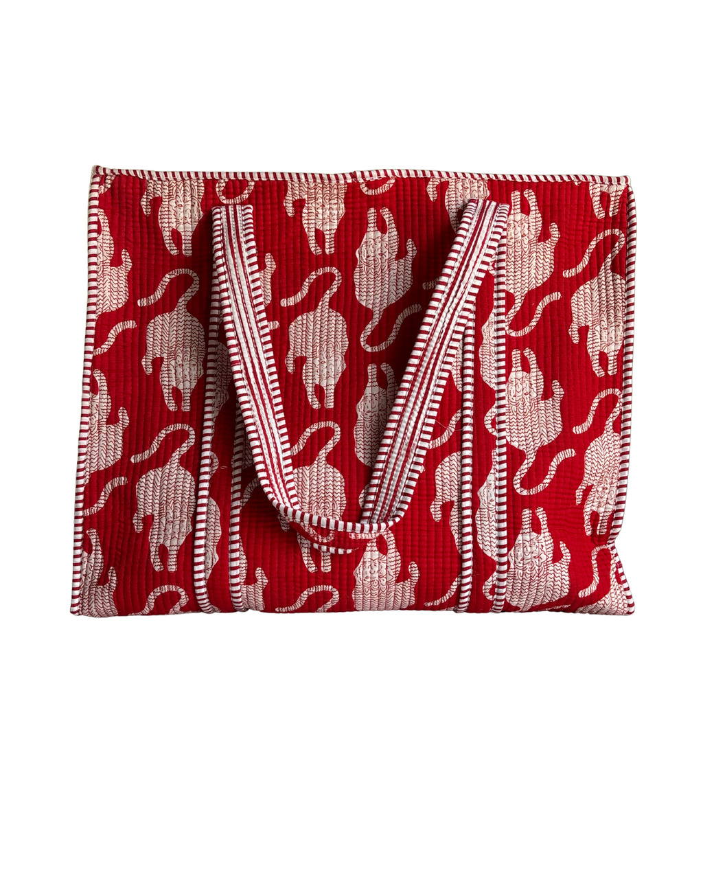 Crimson Red Stylized Tiger Print Handcrafted Quilted Canvas Tote Bag with Inner Pocket for Travel | Gulabi Craft