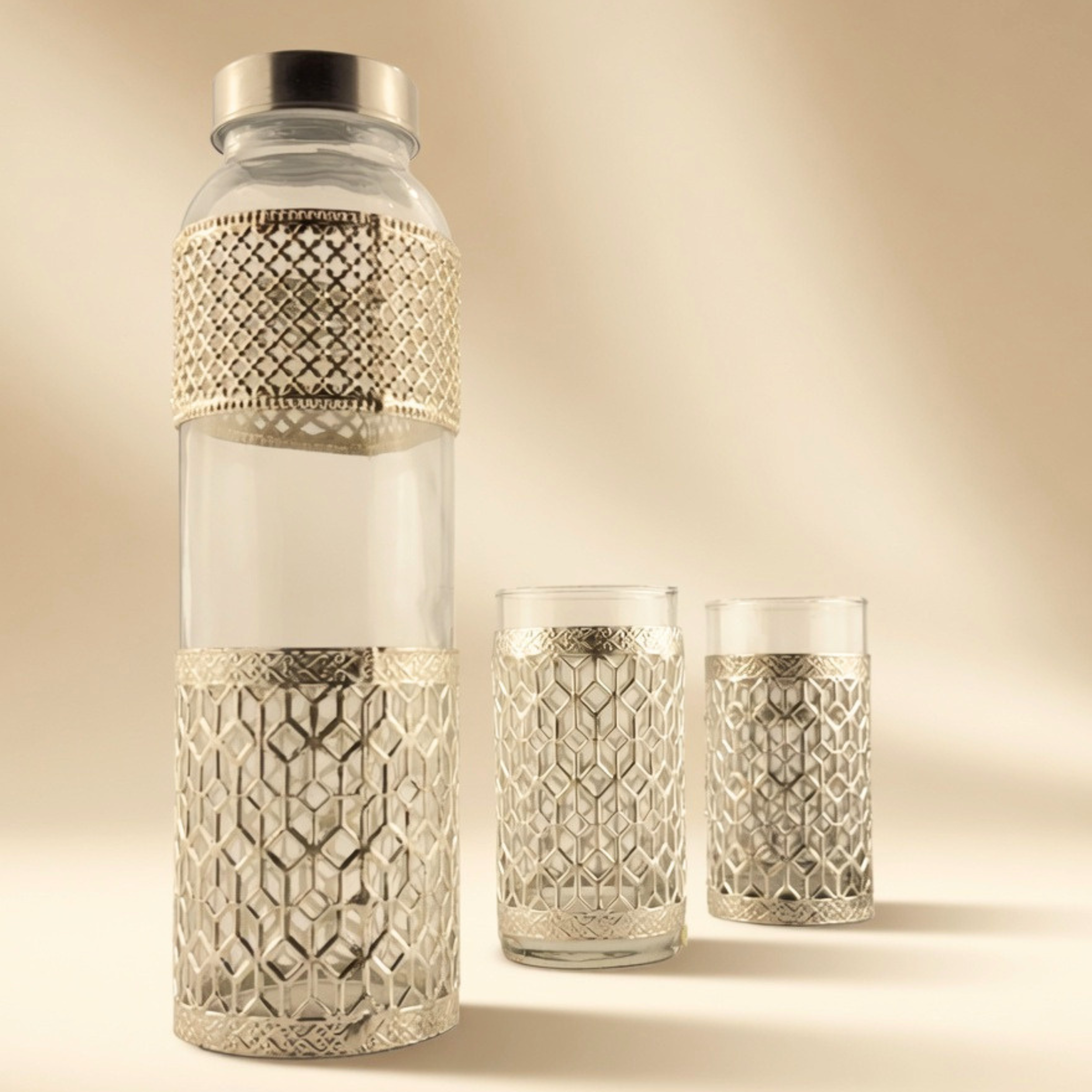 Luxury Glass Bottle & Tumbler Set | Premium Drinkware with Metal Holder
