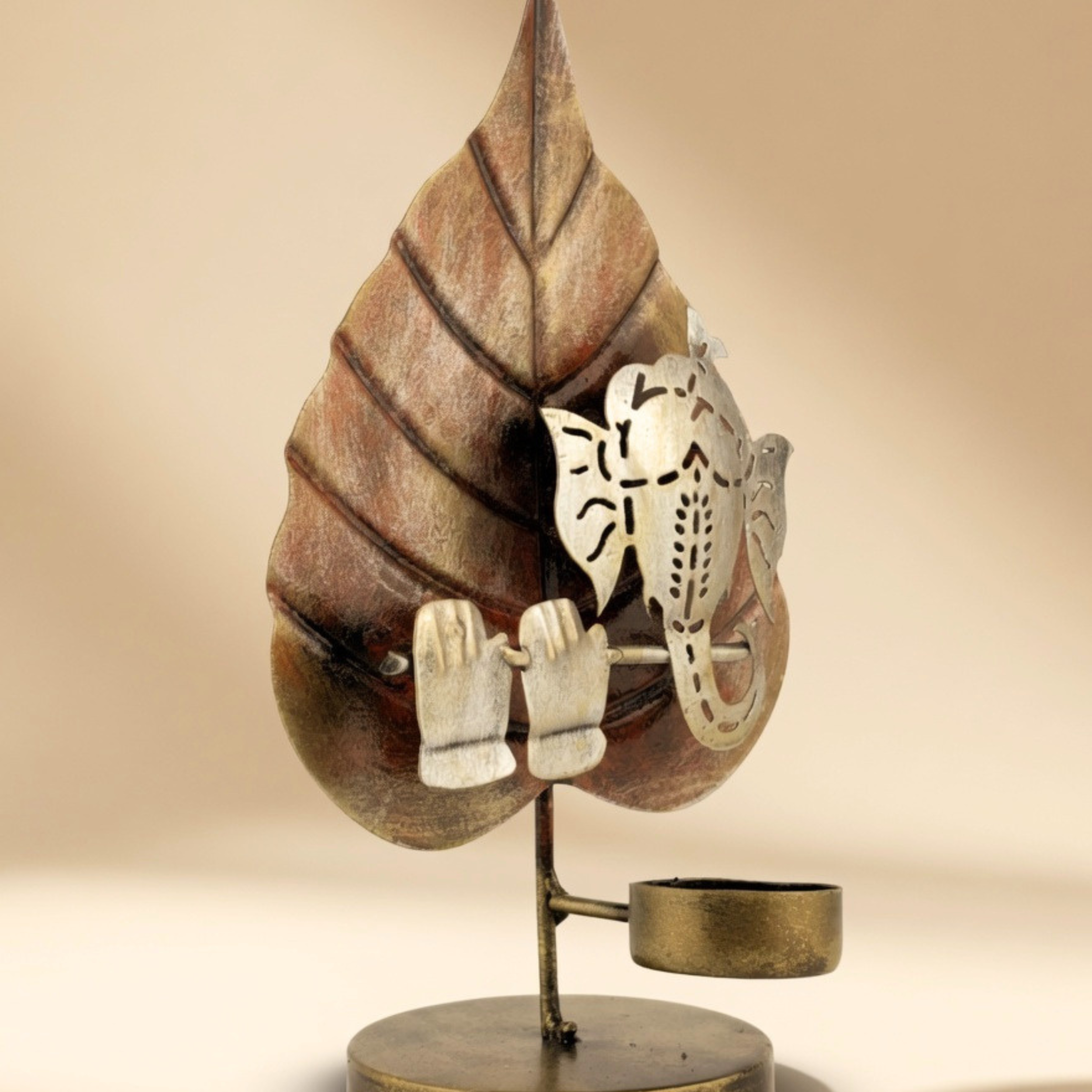 Handcrafted Ganesh Leaf Tealight Holder Brown | Spiritual Home Decor & Gift | Gulabi Craft