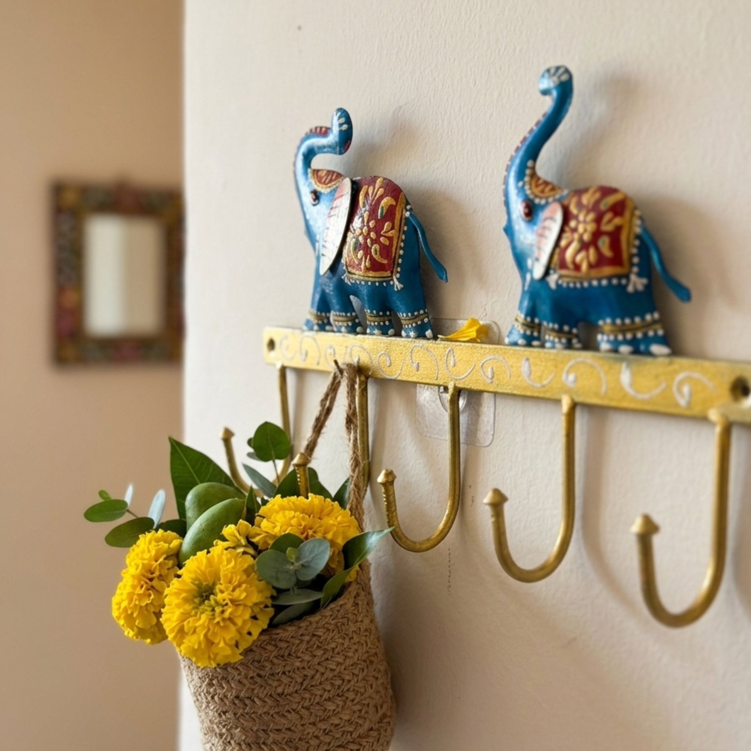 Gulabi Craft Handcrafted Blue Elephant Key Holder – Royal Metal Wall Hook for Entryway Decor & Premium Gifting