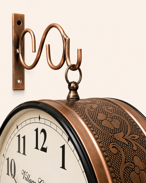 12 Inch Double Face Retro Wall Clock | Antique Embossed Metal Silent Station Clock for Living Room | Gulabi Craft