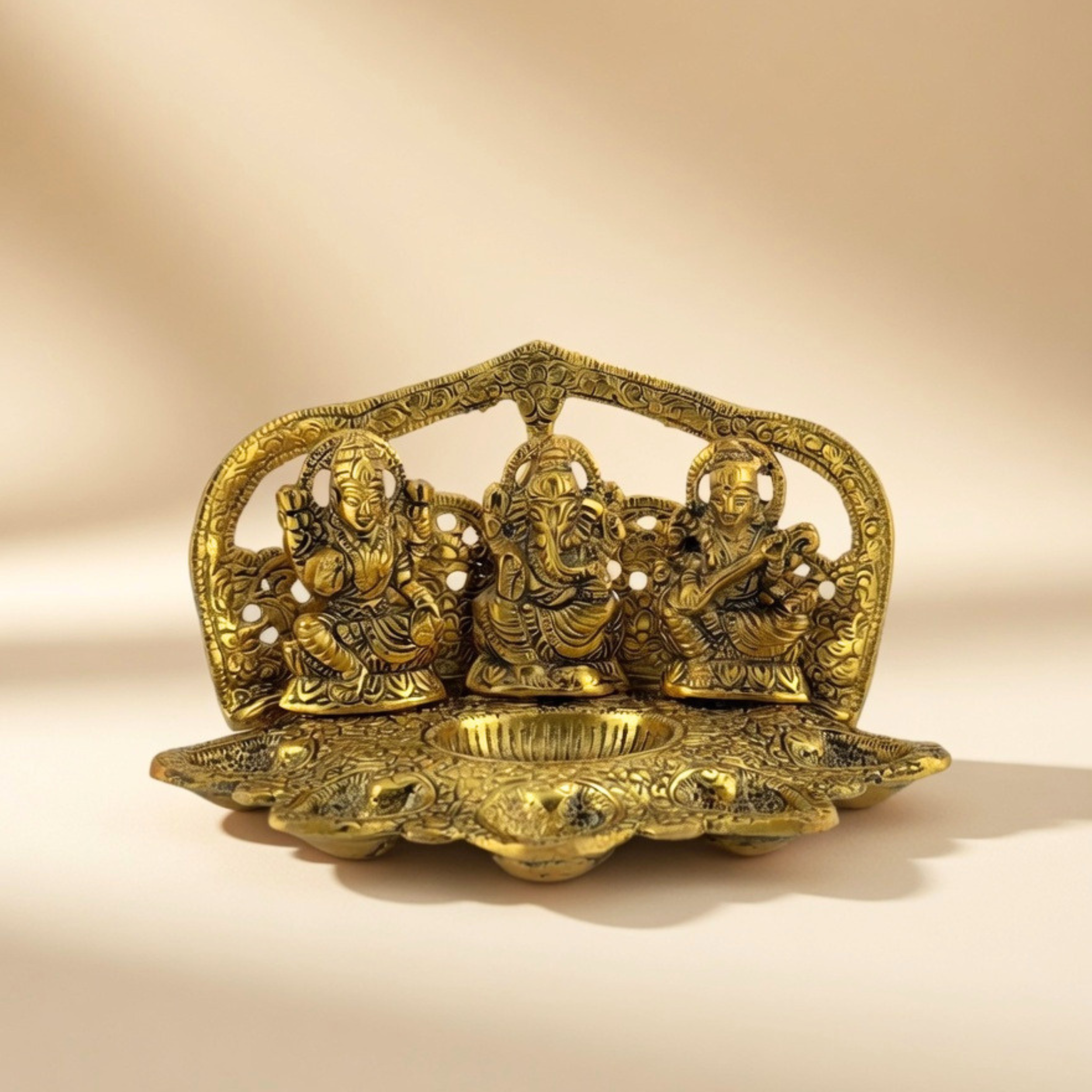 Ganesha Lakshmi Saraswati Diya Stand | Handmade Brass Puja Decor