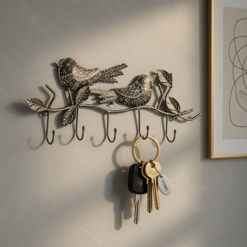 Gulabi Craft Handcrafted 2 Bird Key Holder – Antique Silver Metal Wall Hook for Entryway Decor &amp; Housewarming Gifts