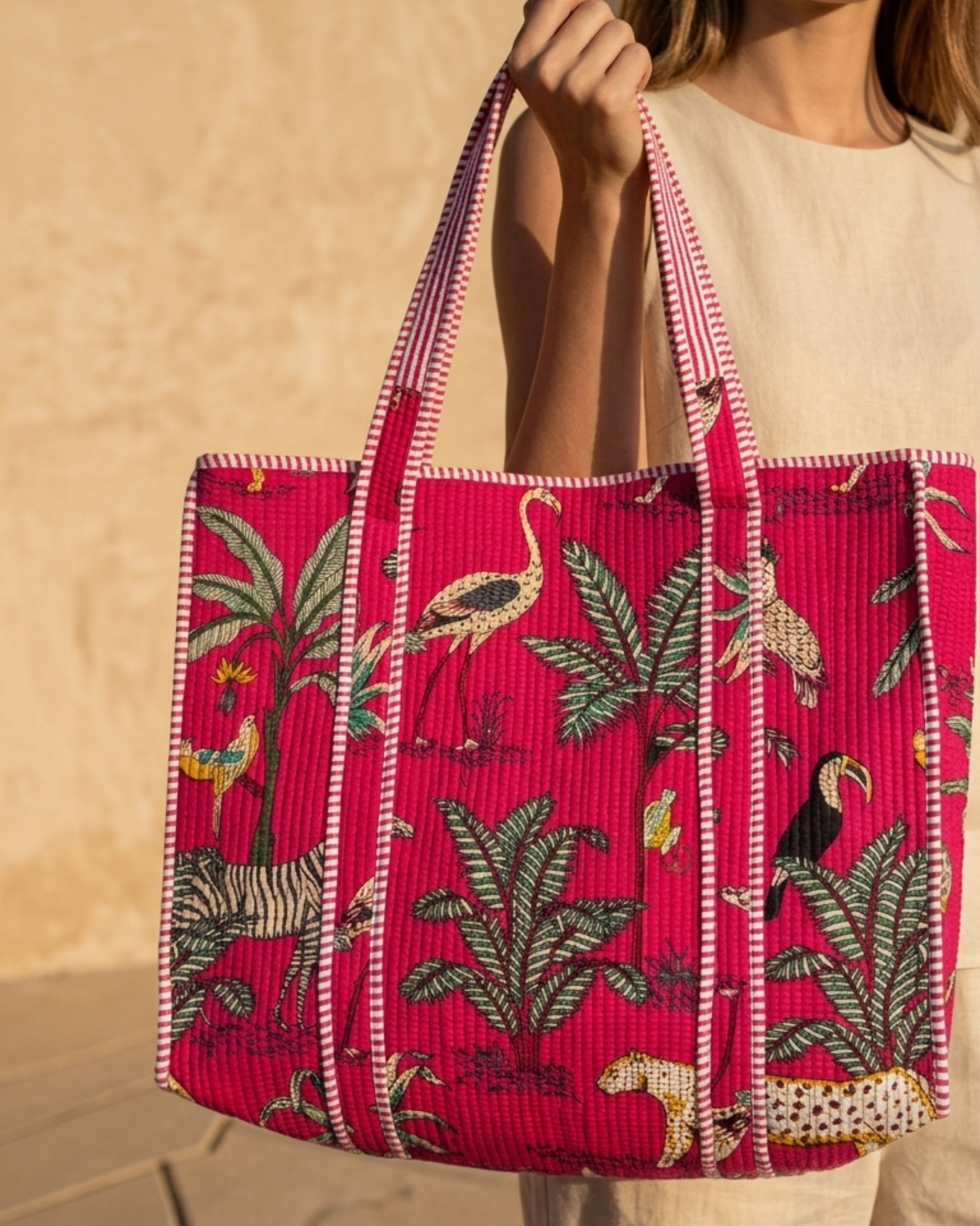 Fuchsia Pink Tropical Safari Quilted Canvas Tote Bag | Handcrafted Cotton Shoulder Bag with Inner Pocket | Gulabi Craft