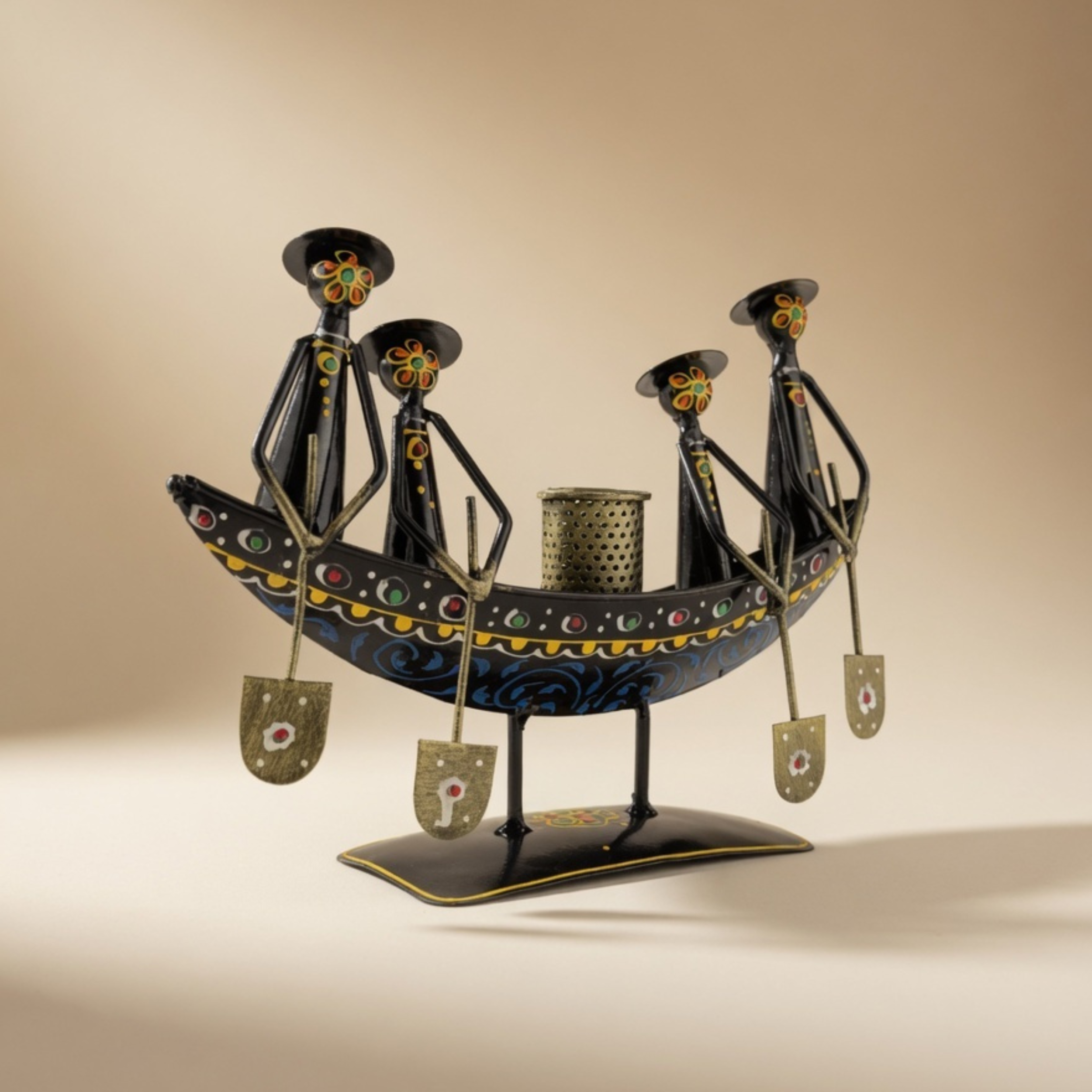Handcrafted Metal Boat Pan Stand with Candle Holder – Tribal Ethnic Home Decor