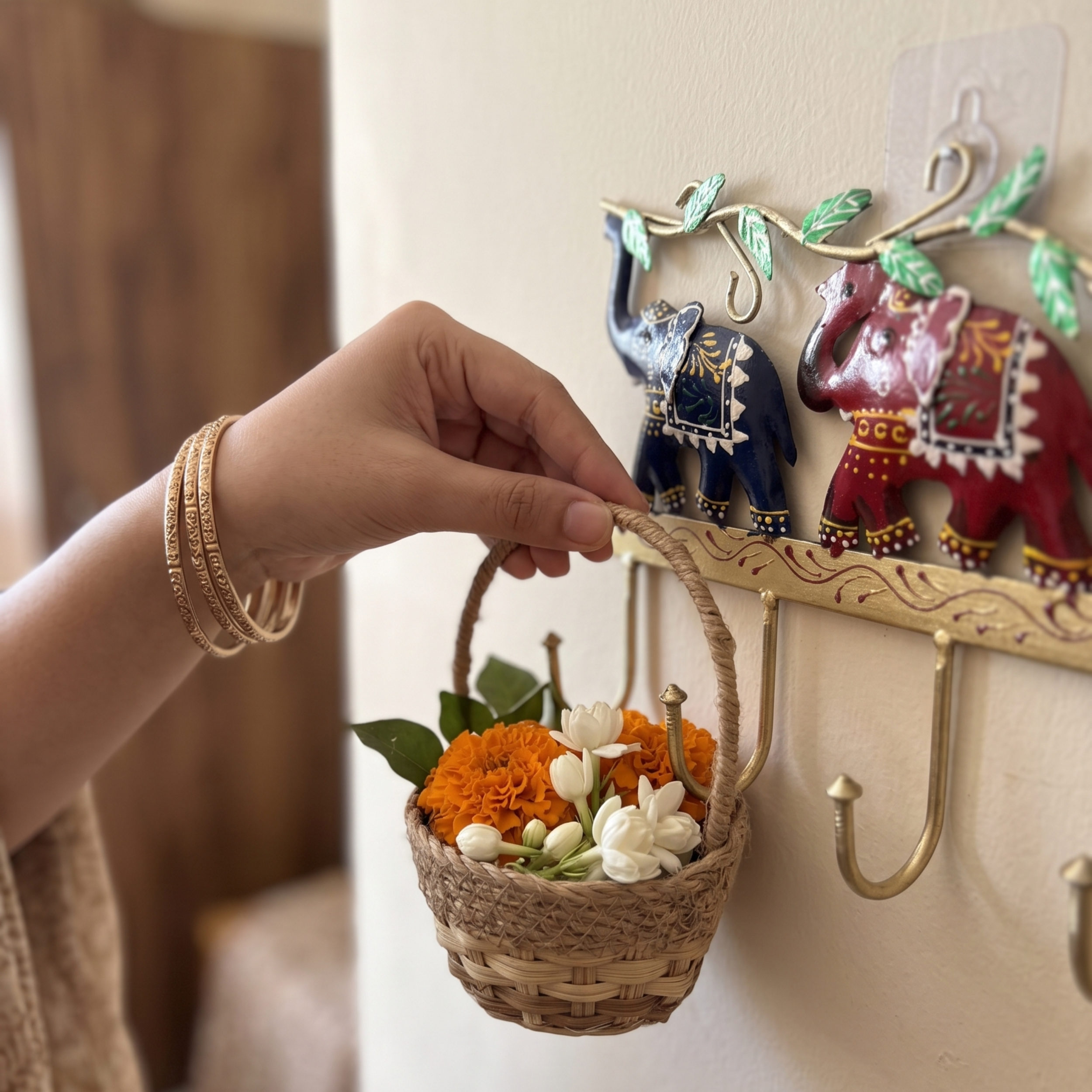 Handcrafted 3 Elephant Key Holder – Colorful Metal Wall Hook for Entryway Decor & Vastu Gifting | Gulabi Craft