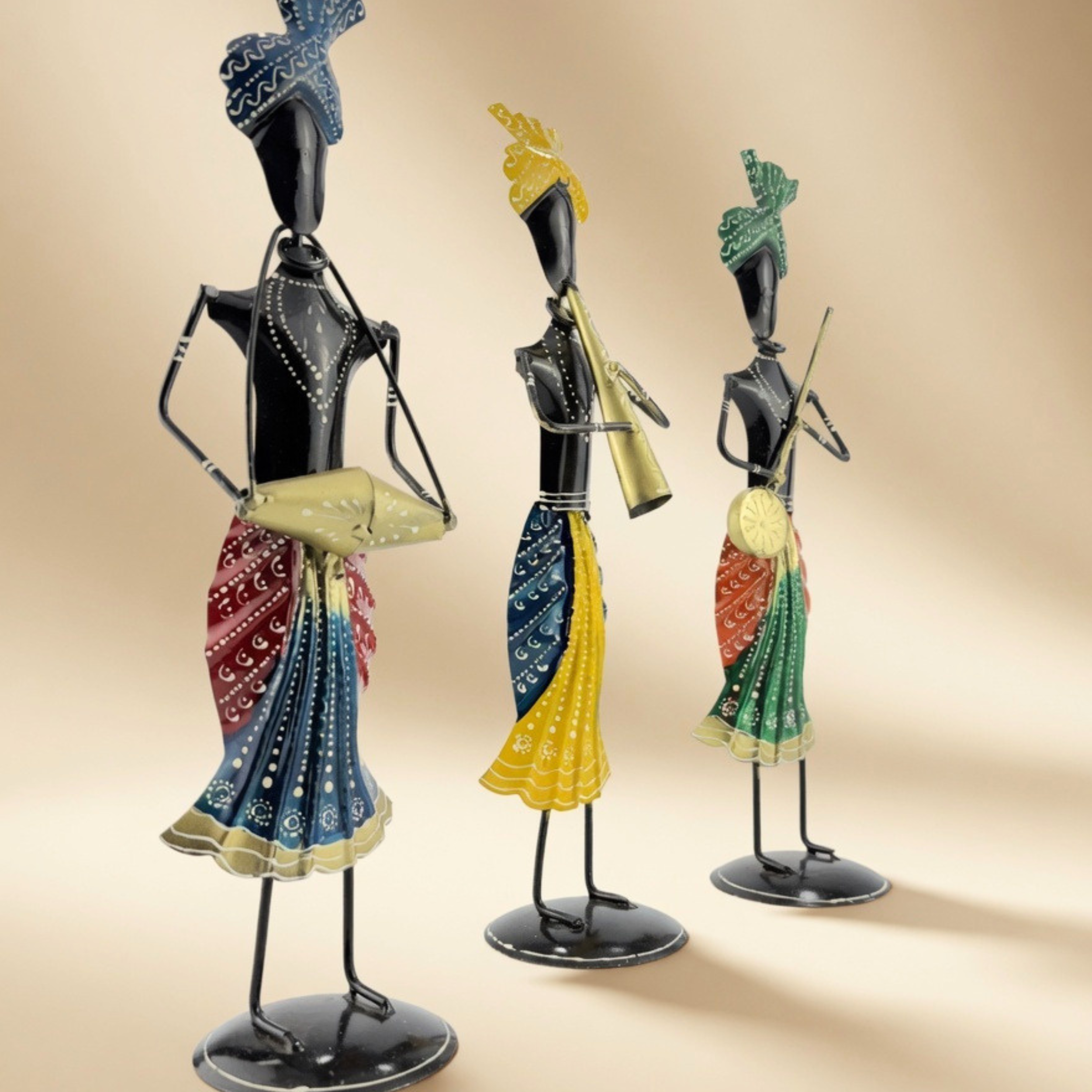 Handcrafted Metal Tribal Musician Figurines Set | Ethnic Home Decor Showpiece