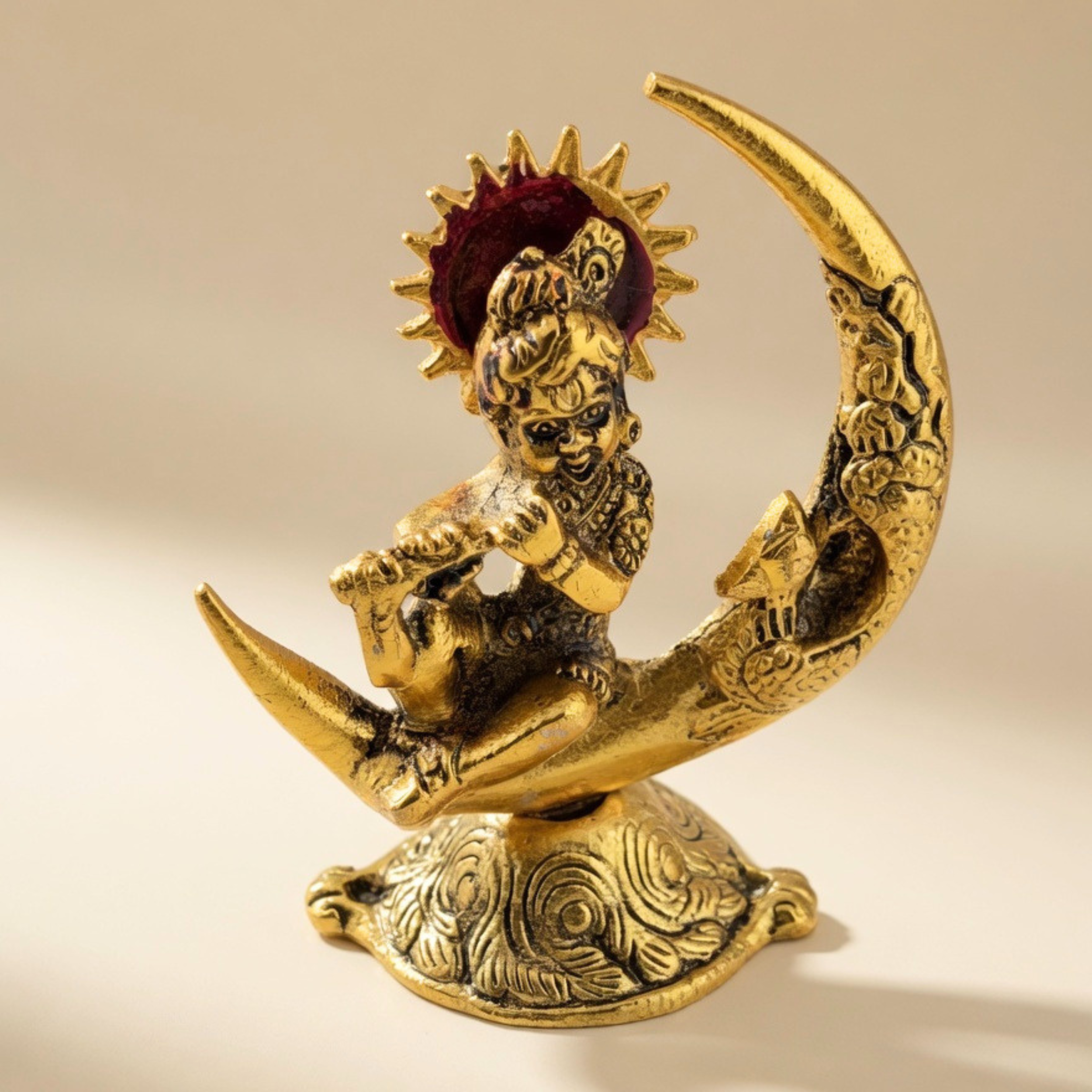 Handmade Metal Krishna Sitting on Moon with Peacock – Vintage Spiritual Home Decor | Gulabi Craft