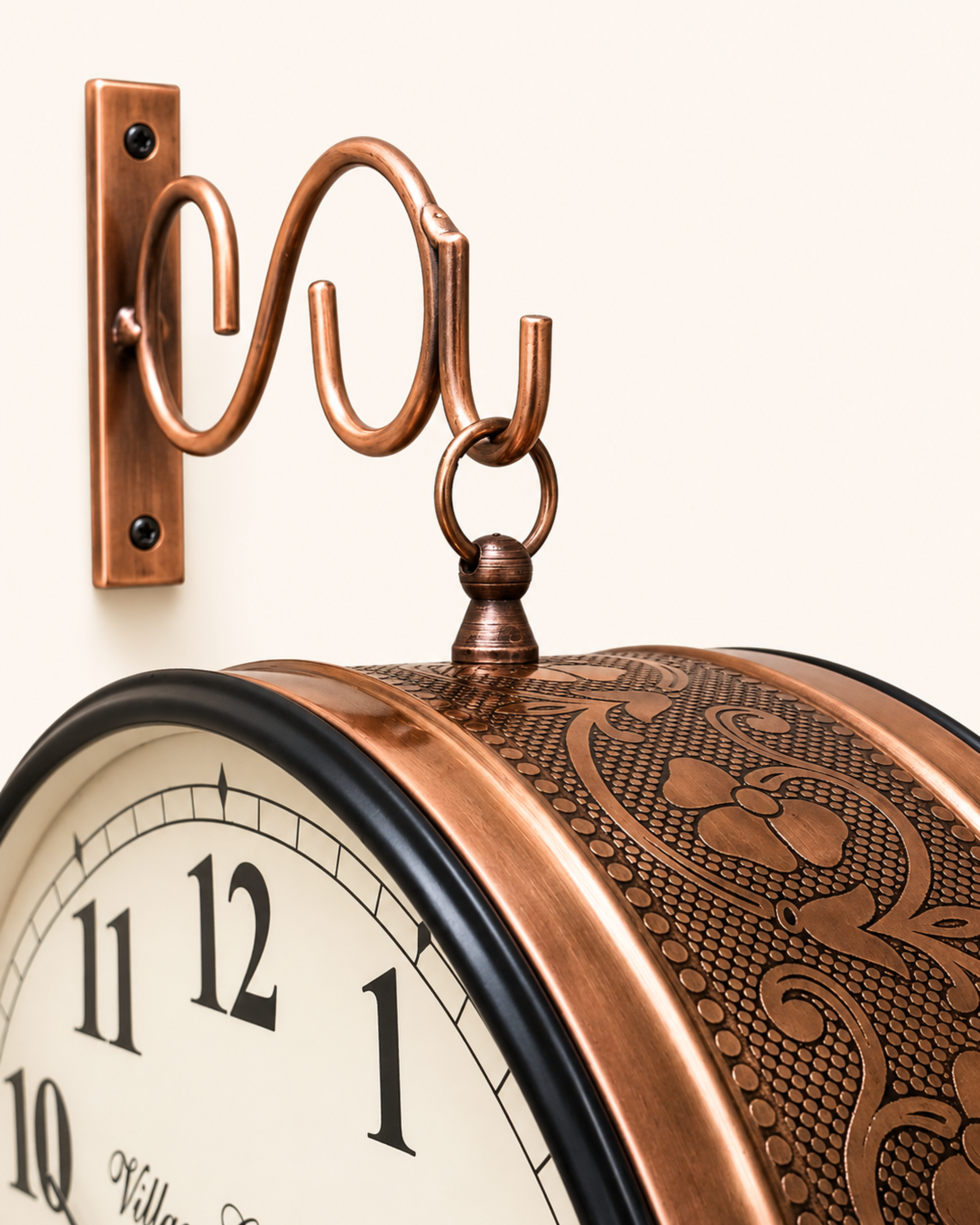 8 Inch Double Face Retro Wall Clock | Antique Embossed Metal Silent Station Clock for Living Room | Gulabi Craft