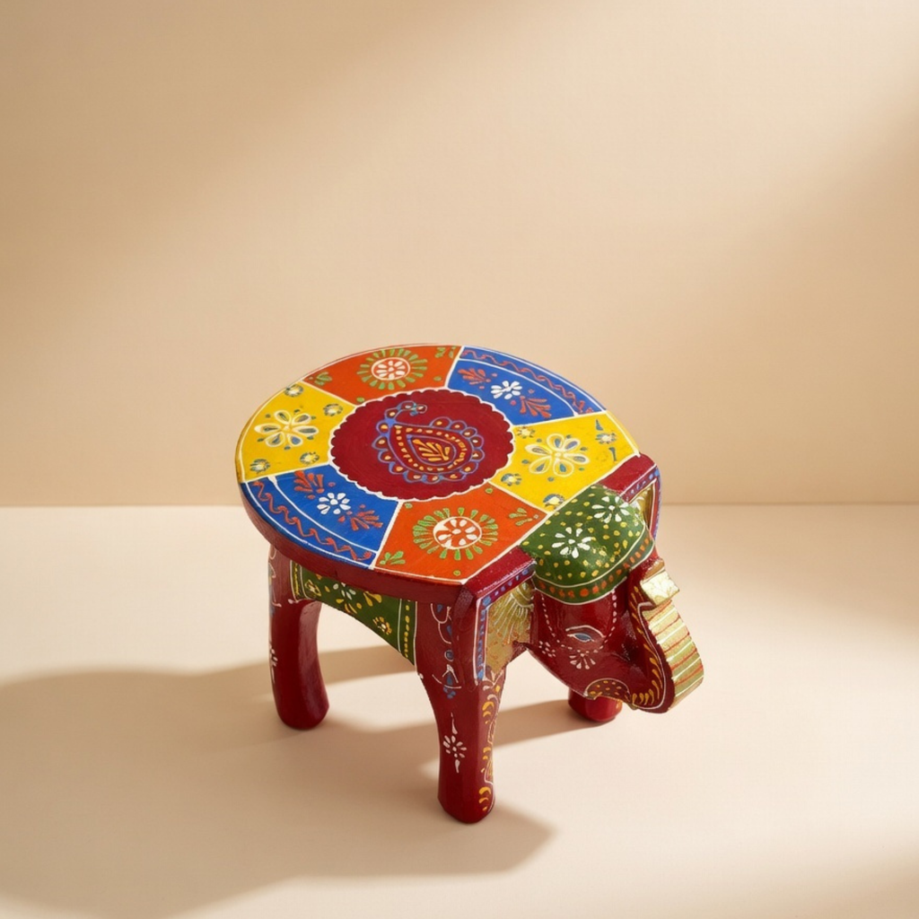 Gulabi Craft Premium Red Wooden Elephant Stool (8-Inch) – Hand-Painted Traditional Accent Table &amp; Home Decor