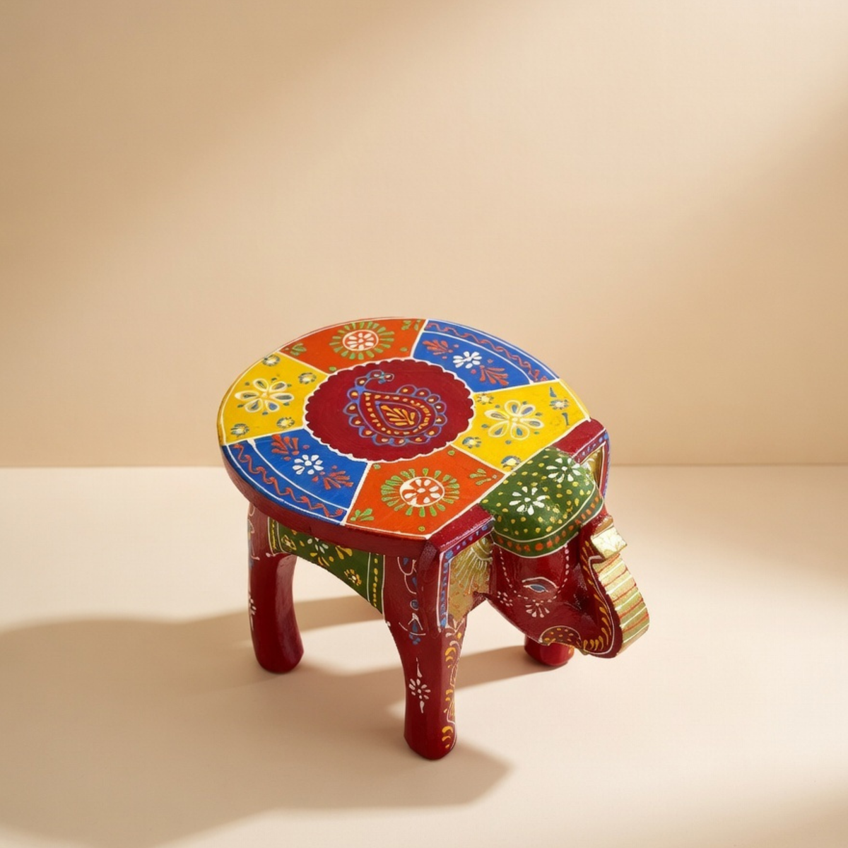Gulabi Craft Premium Red Wooden Elephant Stool (8-Inch) – Hand-Painted Traditional Accent Table &amp; Home Decor