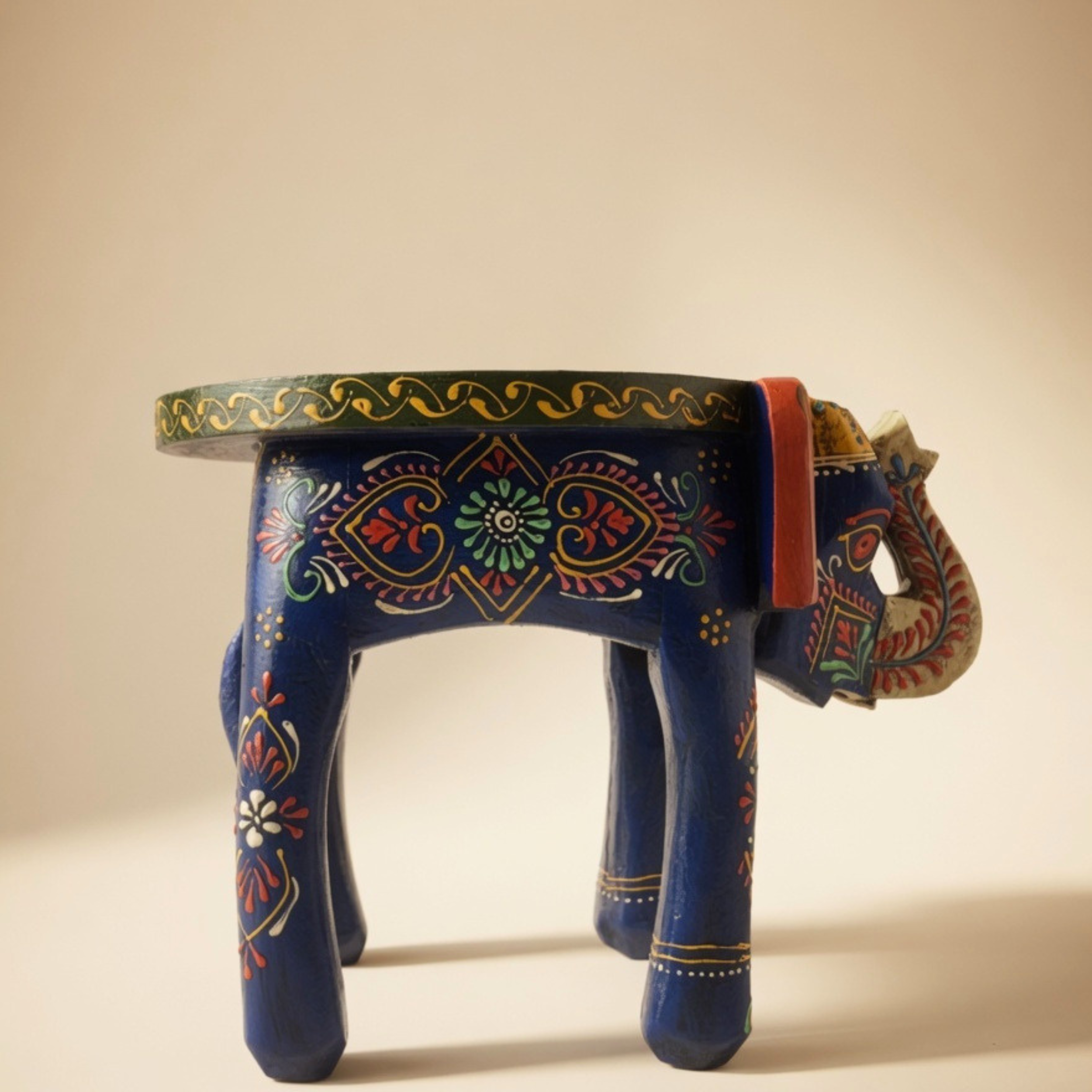 Gulabi Craft Handcrafted Blue Wooden Elephant Stool (8-Inch) – Royal Rajasthani Painted Decorative Side Table &amp; Accent Piece