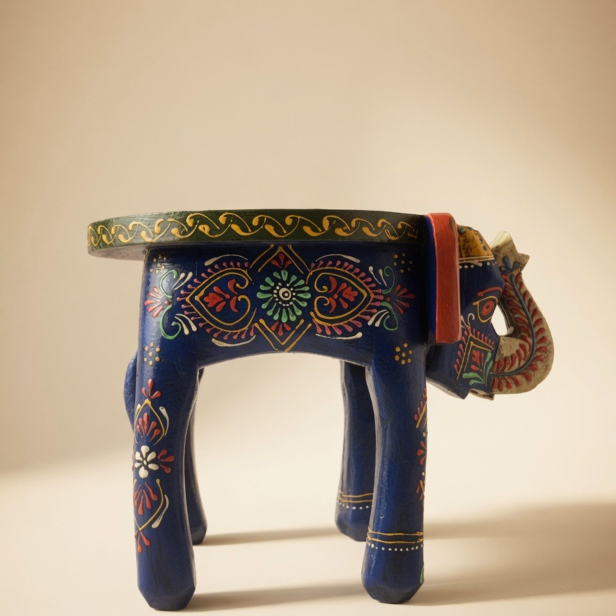 Gulabi Craft Handcrafted Blue Wooden Elephant Stool (8-Inch) – Royal Rajasthani Painted Decorative Side Table &amp; Accent Piece