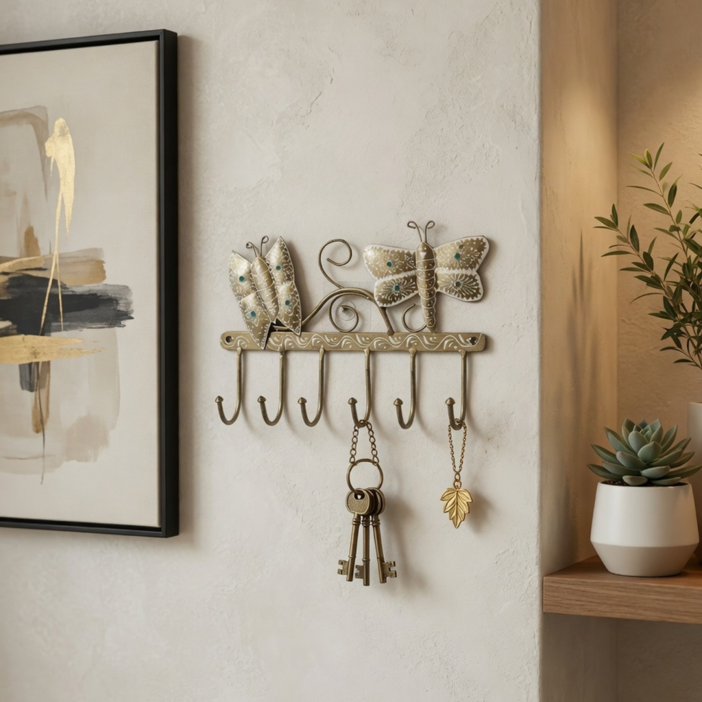 Gulabi Craft Handcrafted Butterfly Key Holder – Antique Gold Metal Wall Hook for Entryway Decor &amp; Gifting