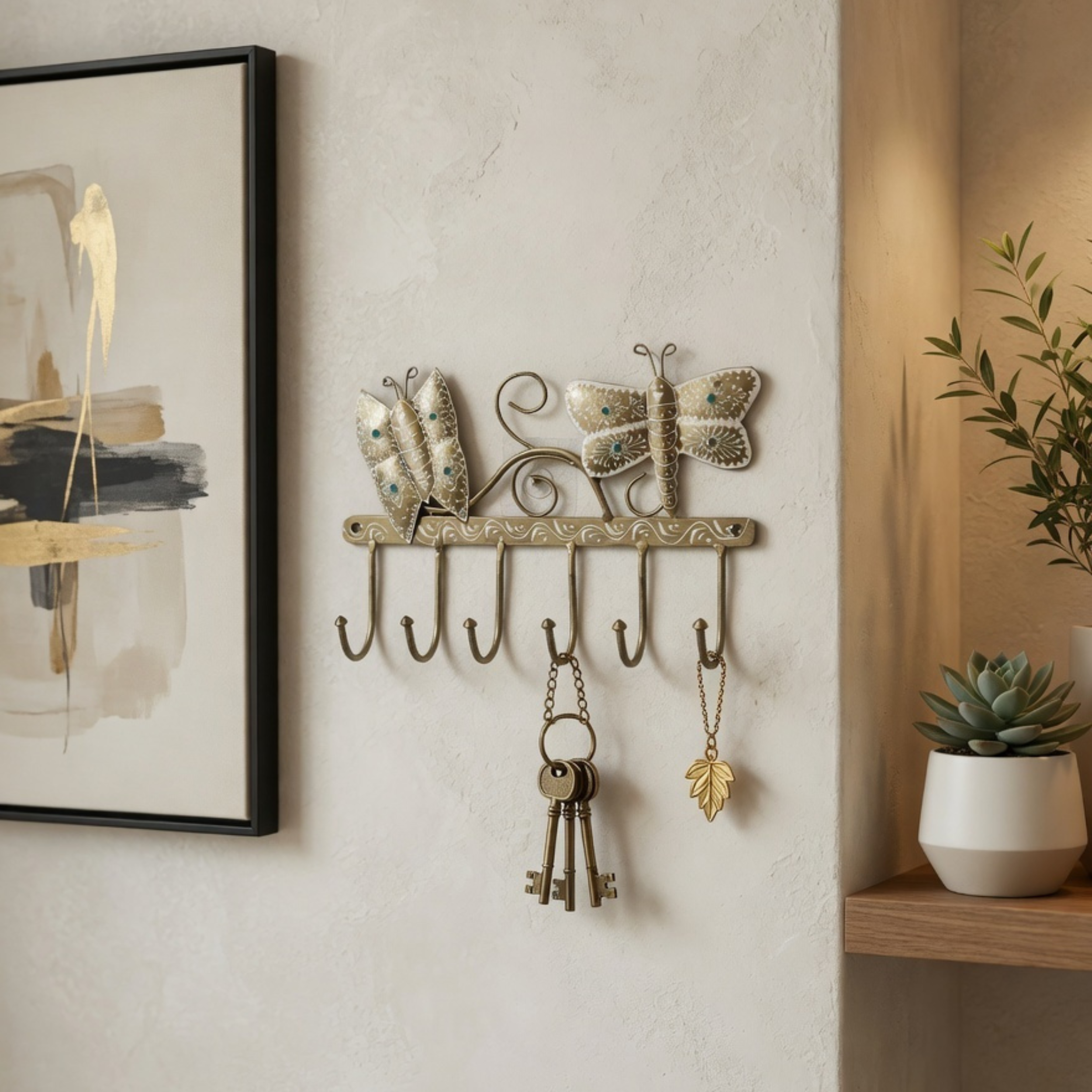 Gulabi Craft Handcrafted Butterfly Key Holder – Antique Gold Metal Wall Hook for Entryway Decor &amp; Gifting