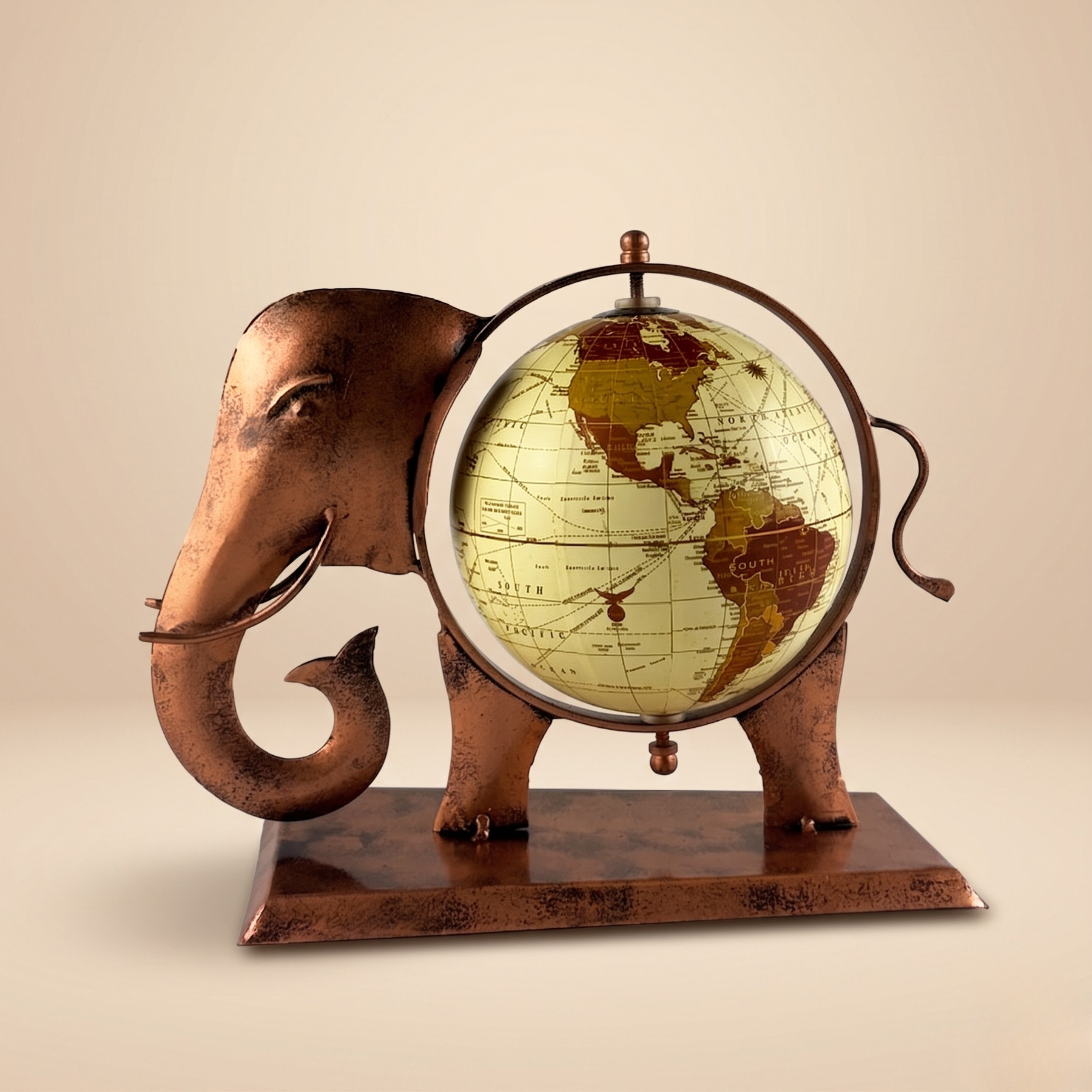Antique Elephant Globe Showpiece – Handcrafted Metal Table Decor for Office Desk & Gifting | Gulabi Craft