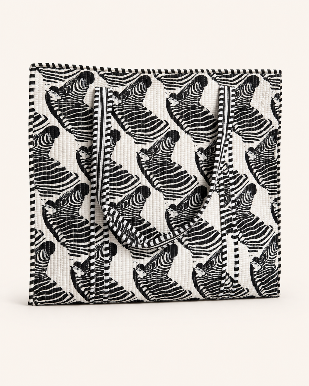 Classic Black and White Zebra Quilted Canvas Tote Bag | Handcrafted Cotton Shoulder Bag with Inner Pocket | Gulabi Craft