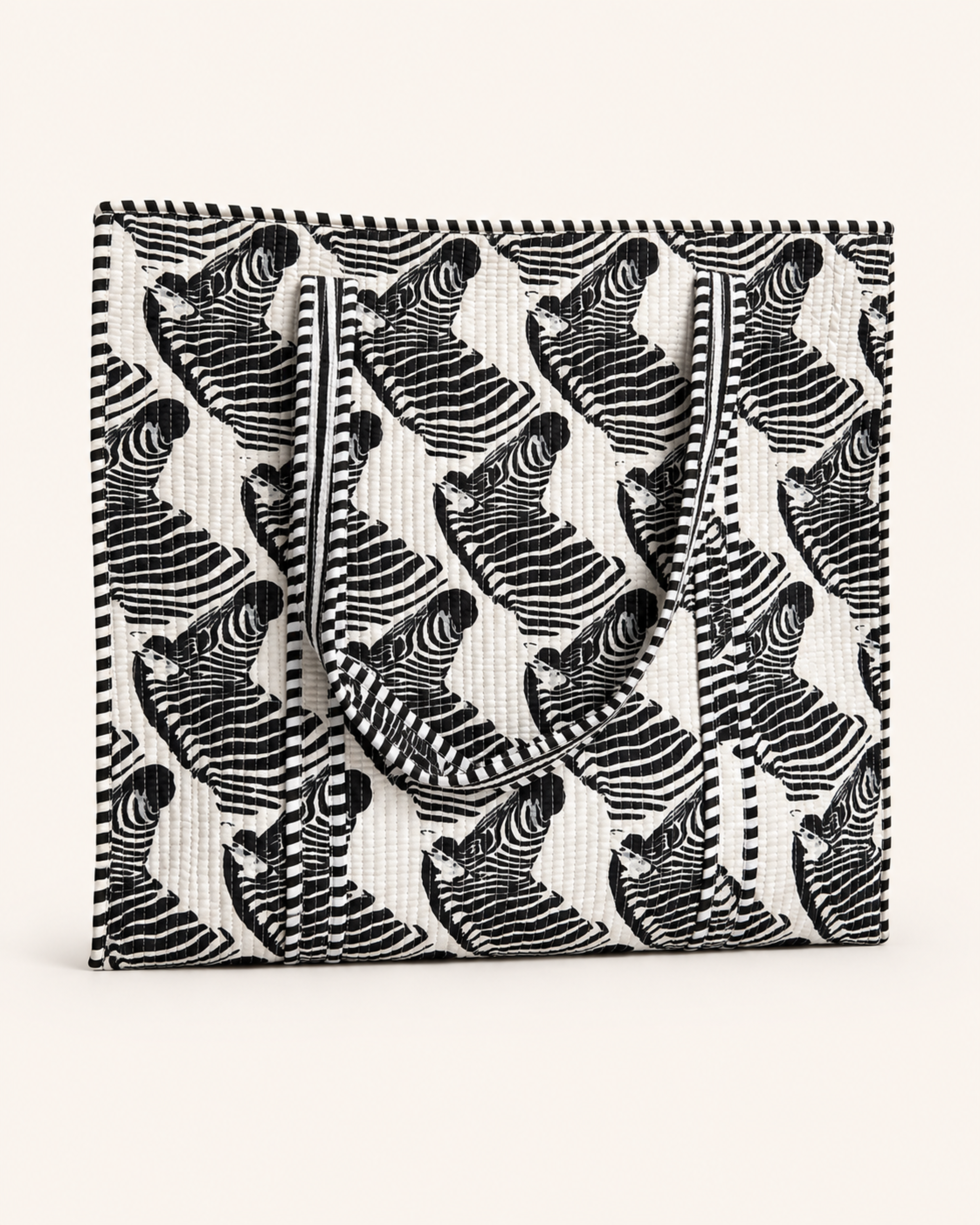 Classic Black and White Zebra Quilted Canvas Tote Bag | Handcrafted Cotton Shoulder Bag with Inner Pocket | Gulabi Craft