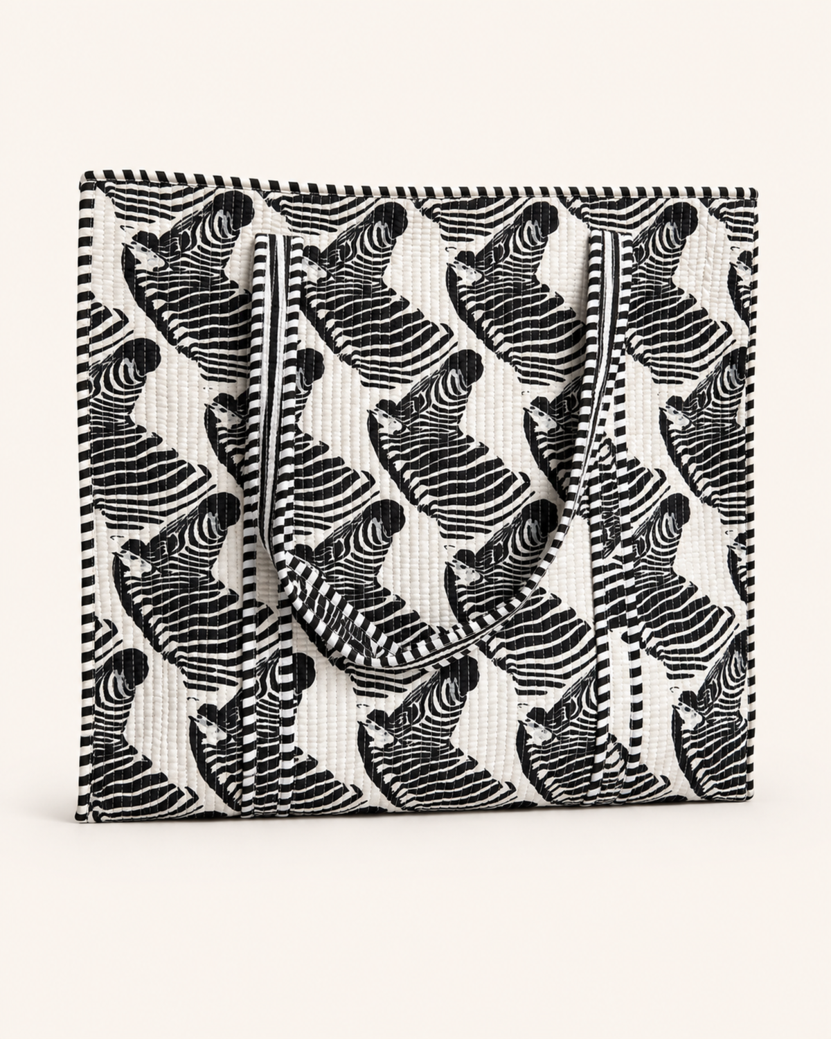 Classic Black and White Zebra Quilted Canvas Tote Bag | Handcrafted Cotton Shoulder Bag with Inner Pocket | Gulabi Craft