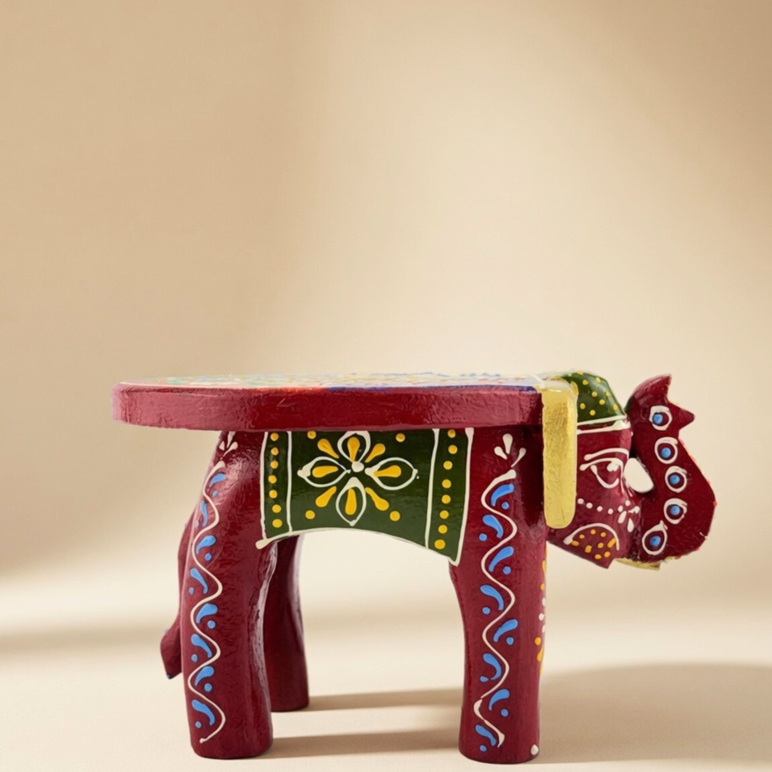 Gulabi Craft Mini Handcrafted Red Wooden Elephant Stool (4-Inch) – Traditional Hand-Painted Table Decor &amp; Festive Gift Item