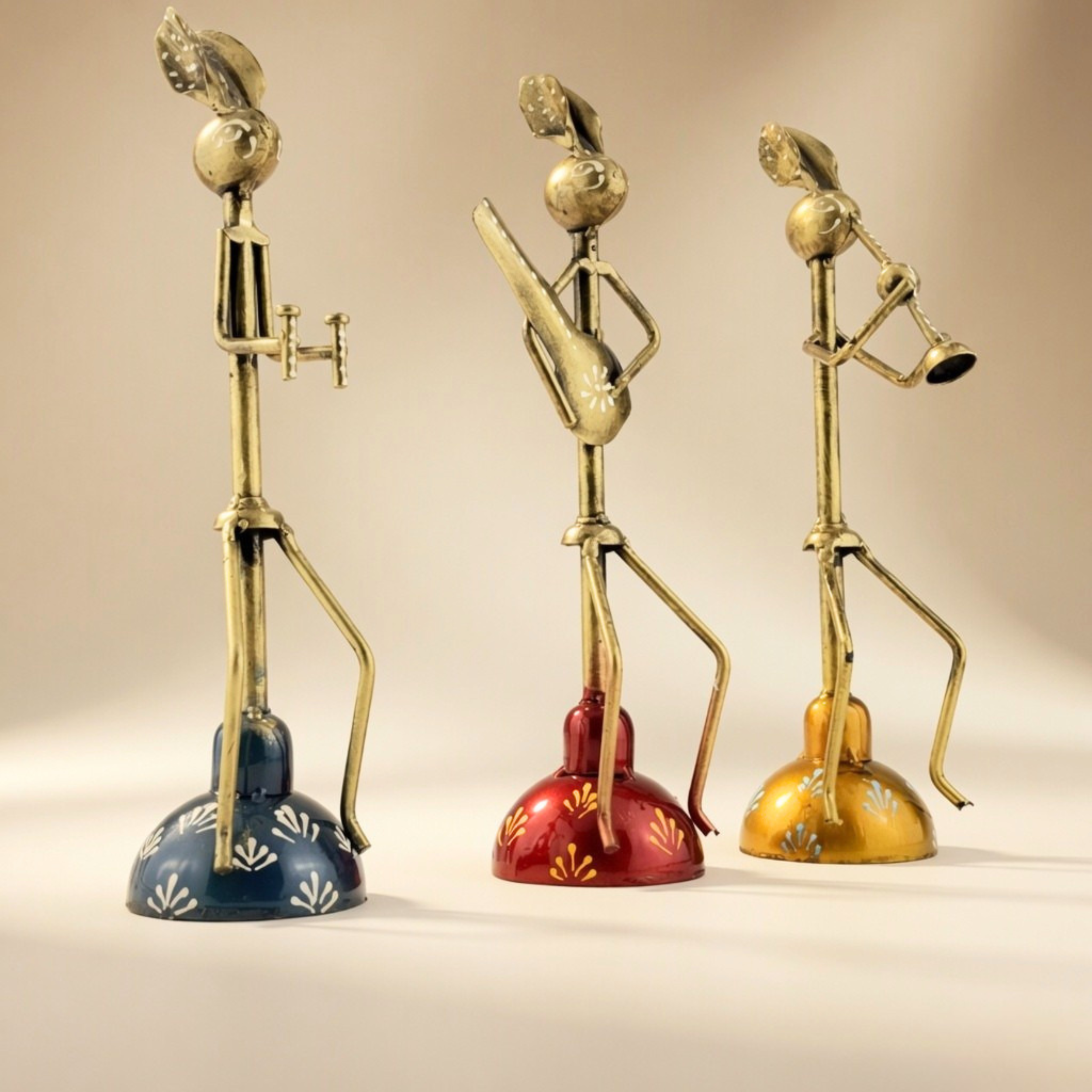 Handmade Metal Tribal Musician Figurines Set of 3 | Folk Art Home Decor