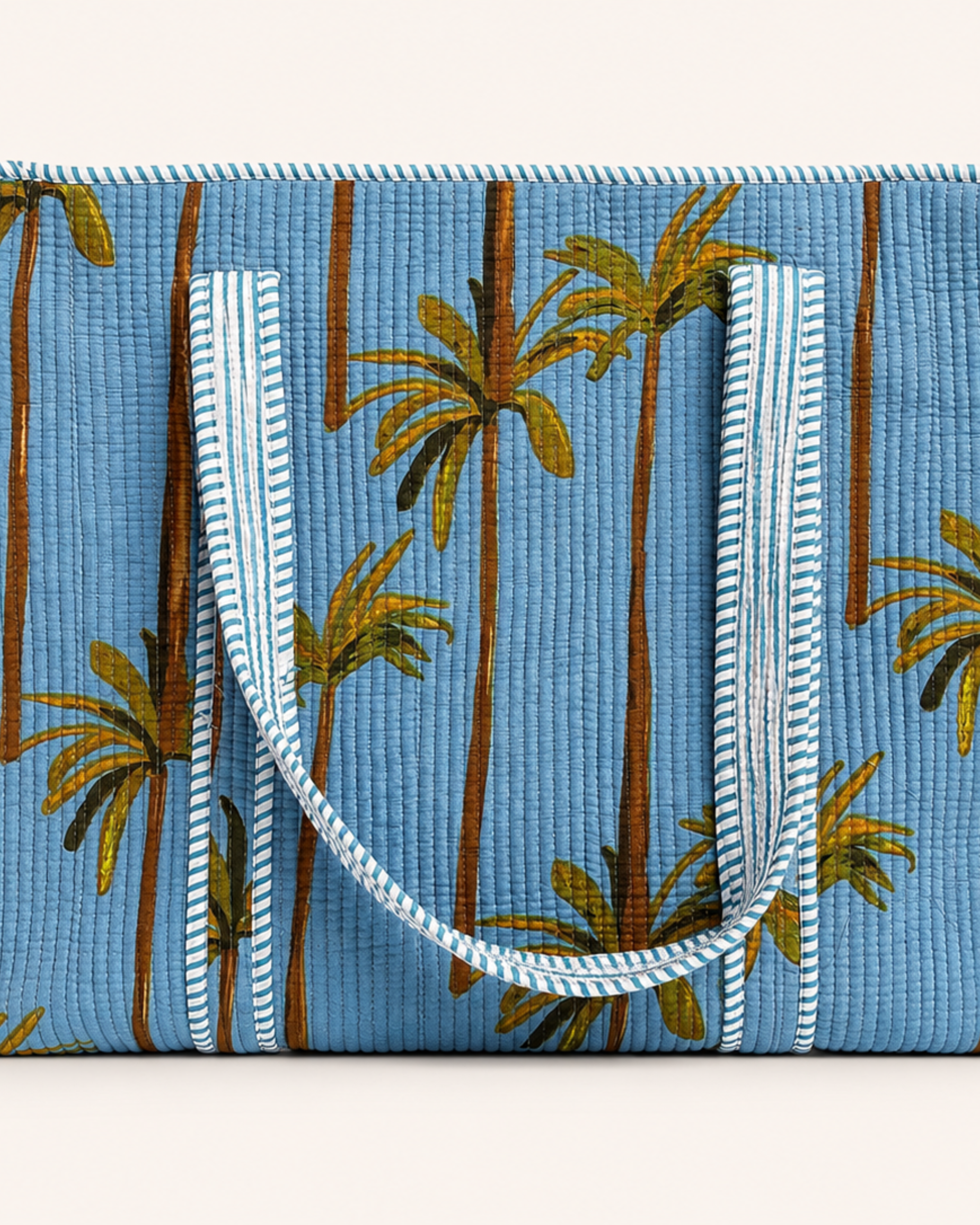 Sky Blue Palm Tree Quilted Canvas Tote Bag | Handcrafted Cotton Shoulder Bag with Inner Pocket | Gulabi Craft