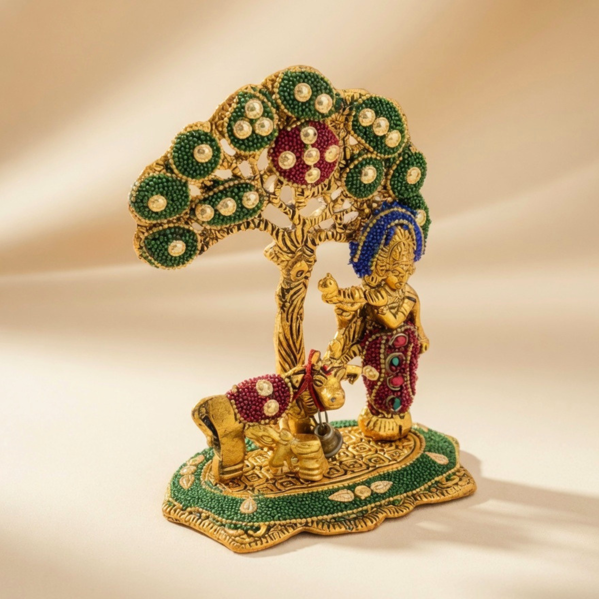 Gulabi Craft Handcrafted Stone Kadam Krishna with Cow Idol – Antique Gold Finish Table Decor & Premium Gift Item