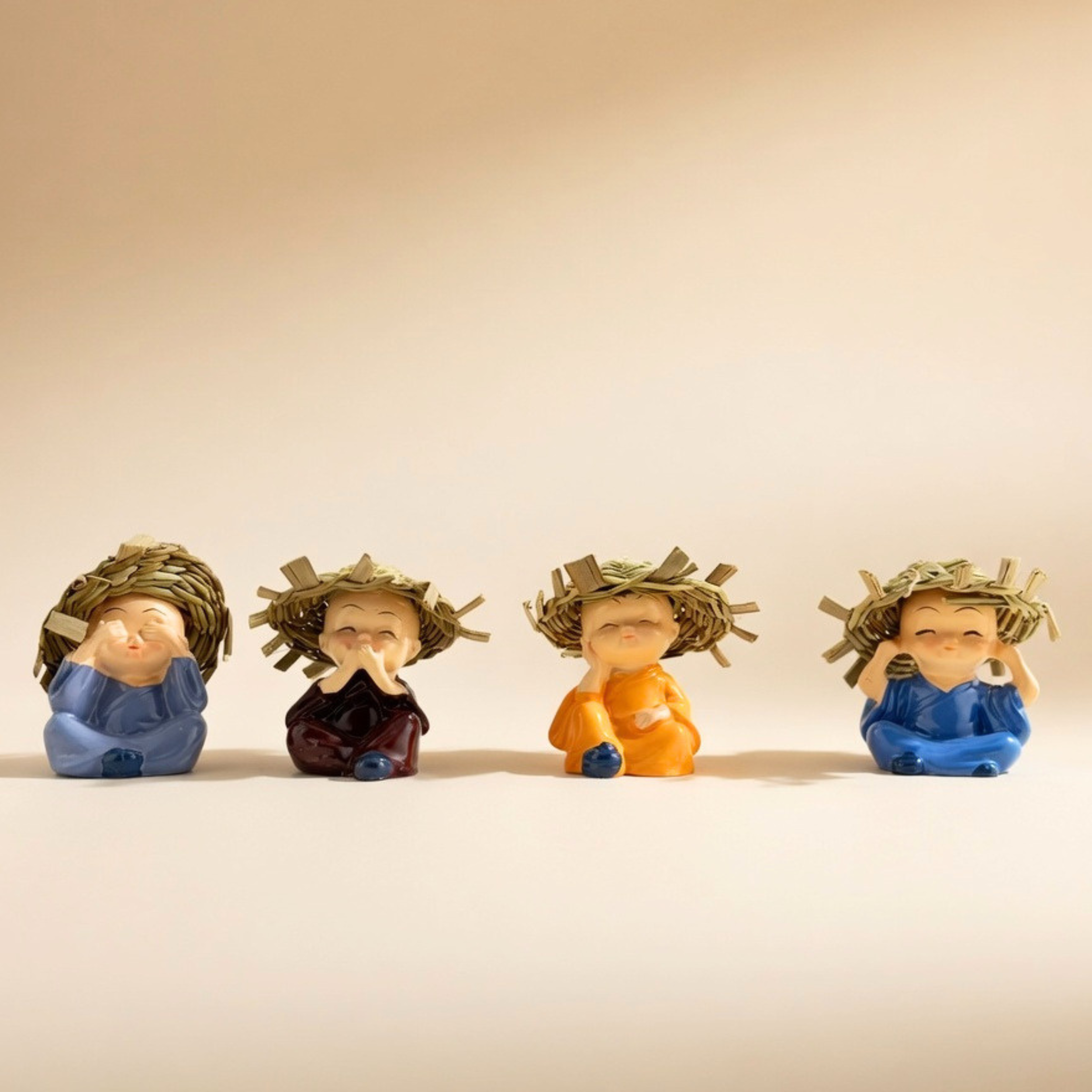 Handcrafted Mindful Monk Mini Statue Set – 4 Cute Zen Figurines for Home Decor &amp; Gifting | Gulabi Craft