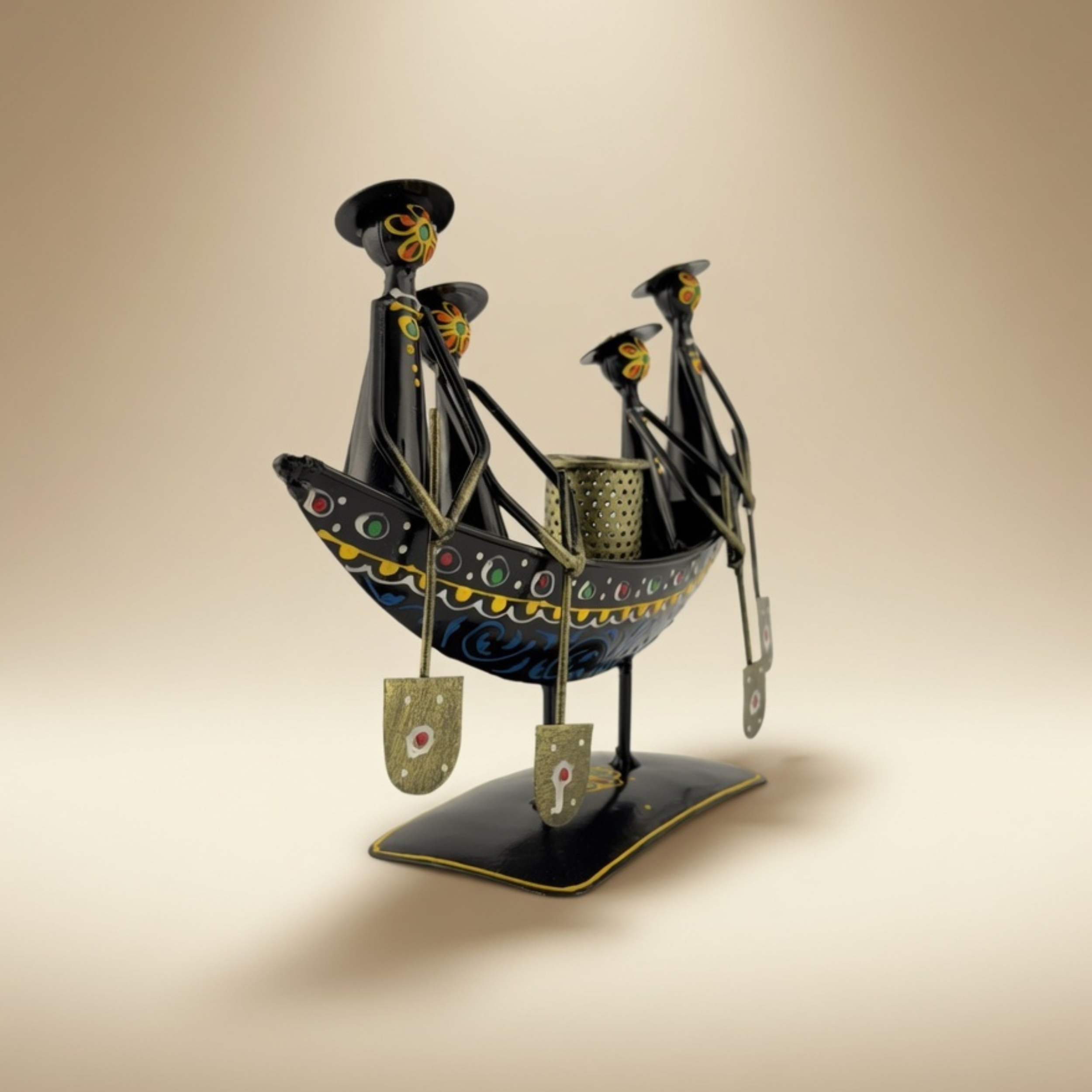 Handcrafted Metal Boat Pan Stand with Candle Holder – Tribal Ethnic Home Decor
