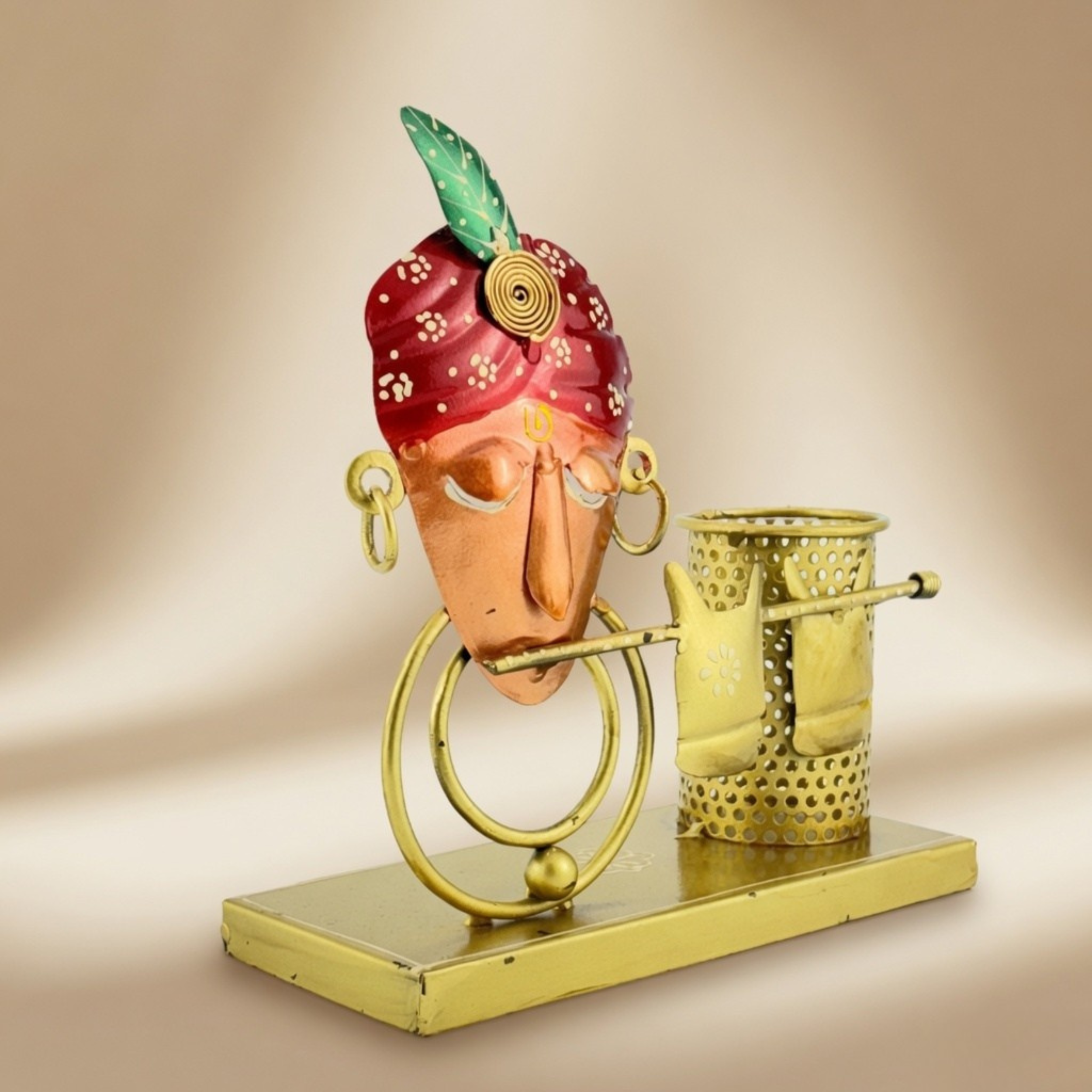 Handmade Rajasthani Metal Pen Stand Desk Organizer for Home & Office Decor