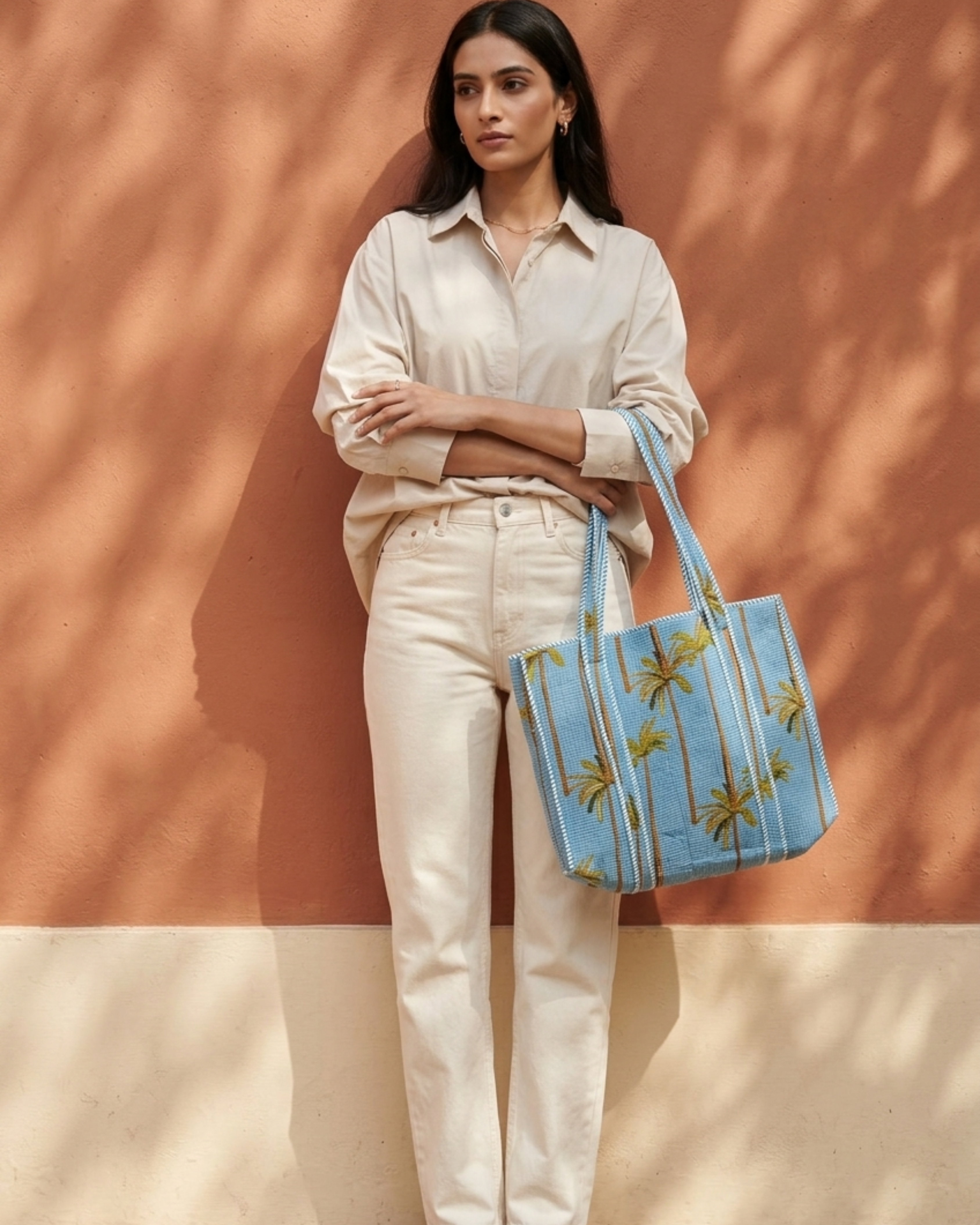 Sky Blue Palm Tree Quilted Canvas Tote Bag | Handcrafted Cotton Shoulder Bag with Inner Pocket | Gulabi Craft