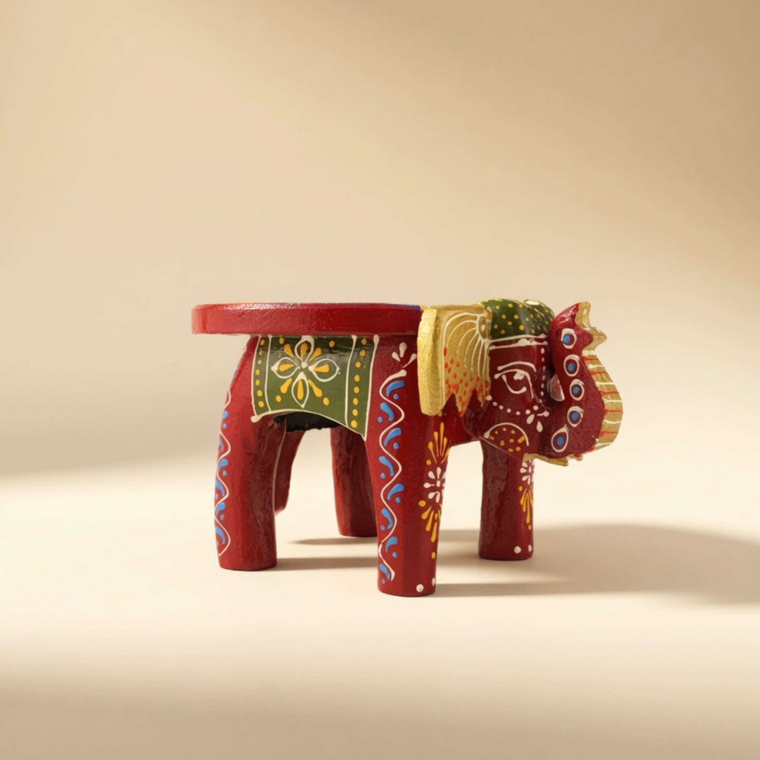 Gulabi Craft Mini Handcrafted Red Wooden Elephant Stool (4-Inch) – Traditional Hand-Painted Table Decor &amp; Festive Gift Item