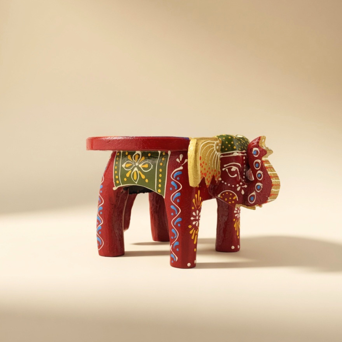 Gulabi Craft Mini Handcrafted Red Wooden Elephant Stool (4-Inch) – Traditional Hand-Painted Table Decor &amp; Festive Gift Item