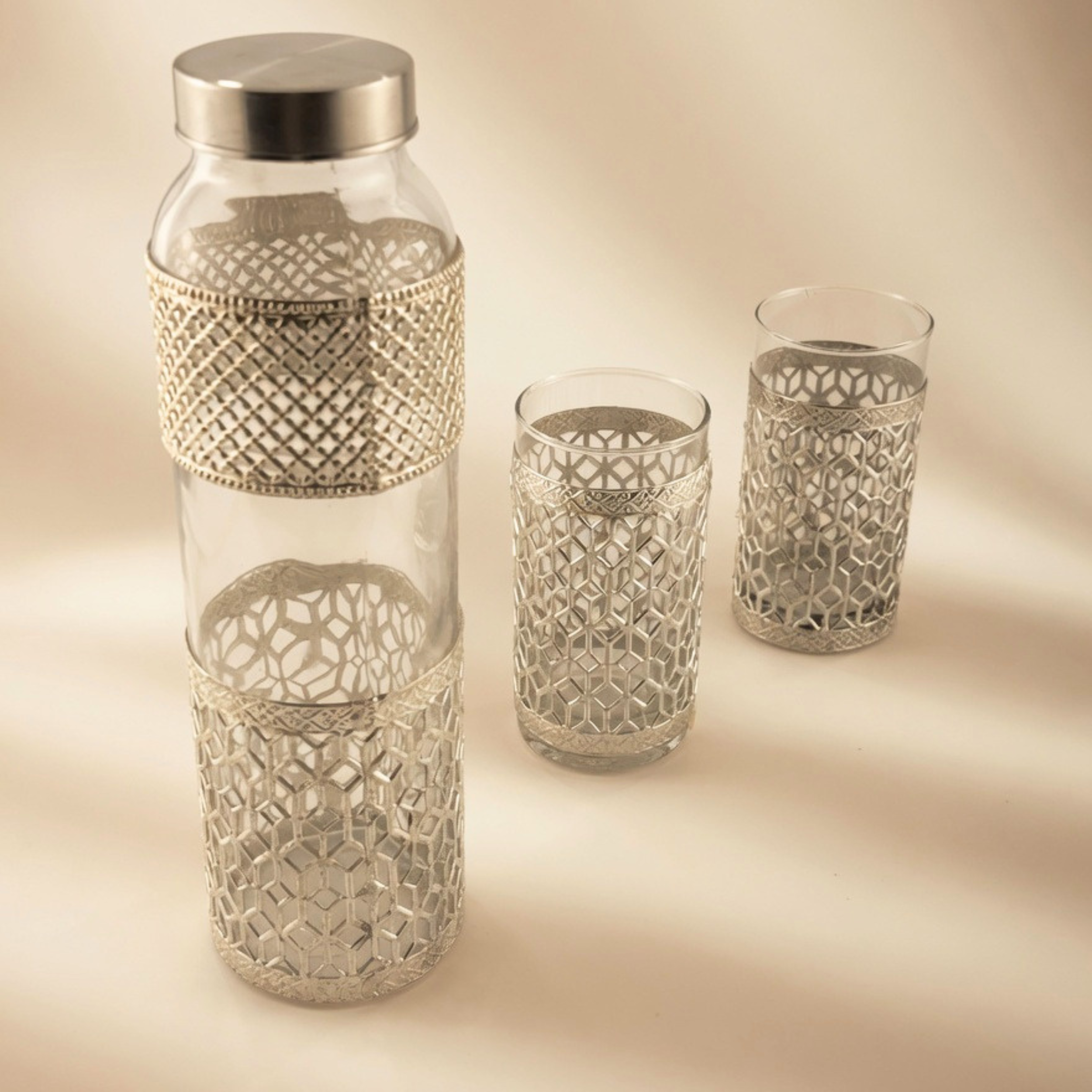Luxury Glass Bottle & Tumbler Set | Premium Drinkware with Metal Holder