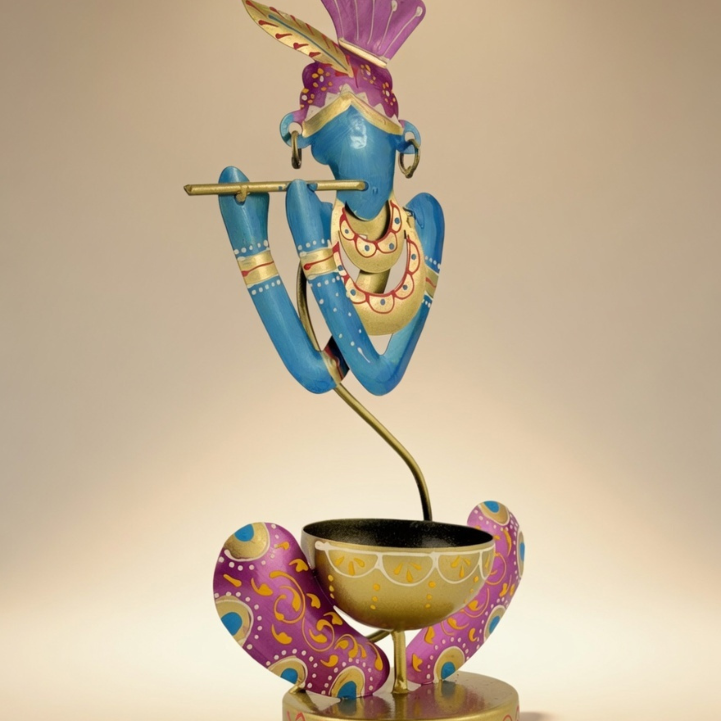 Handcrafted Murli Krishna T-Light Holder Blue – Metal Spiritual Home Decor Table Diya Stand | Gulabi Craft