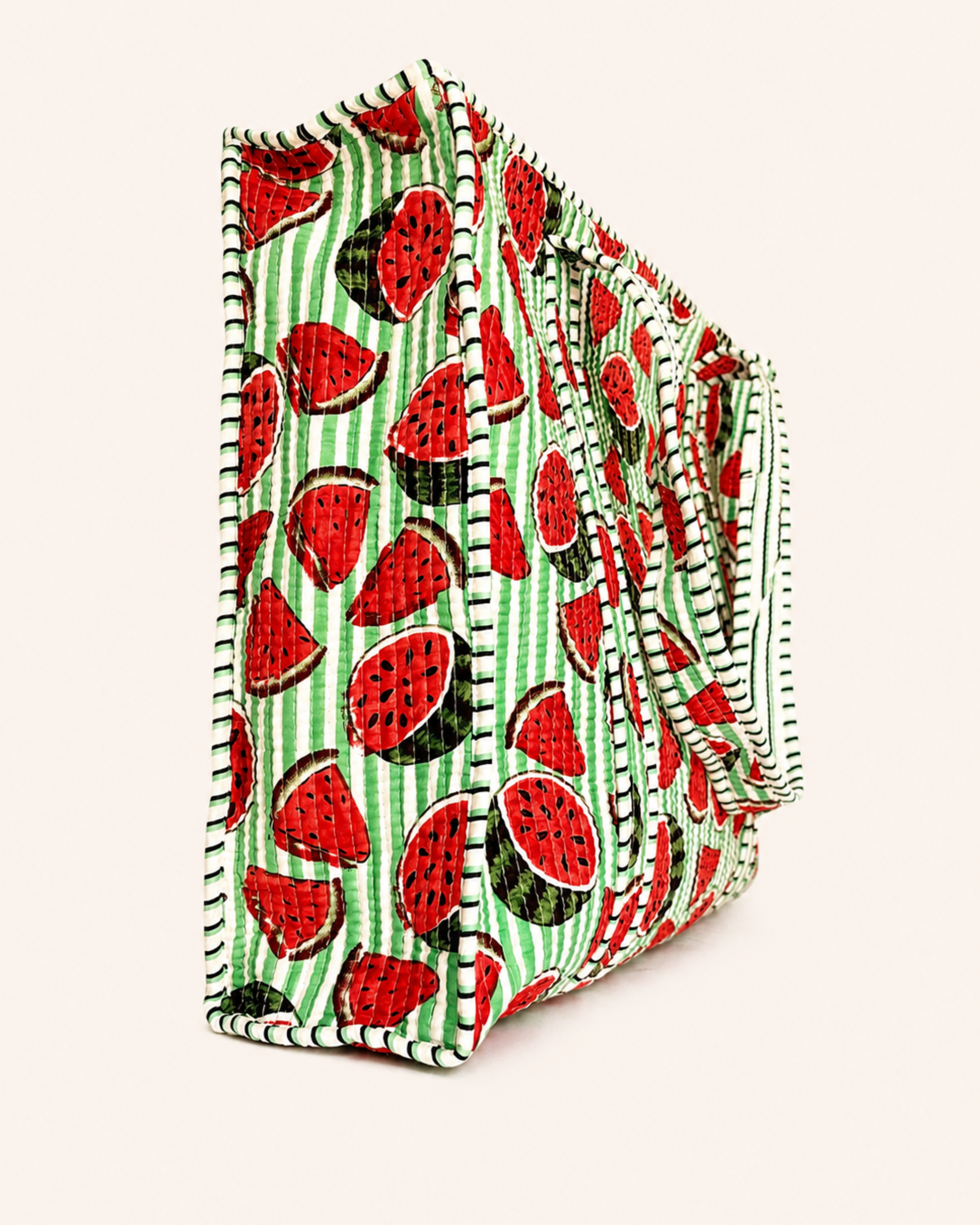 Mint Green Watermelon Quilted Canvas Tote Bag | Handcrafted Cotton Shoulder Bag with Inner Pocket