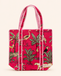 Fuchsia Pink Tropical Safari Quilted Canvas Tote Bag | Handcrafted Cotton Shoulder Bag with Inner Pocket | Gulabi Craft