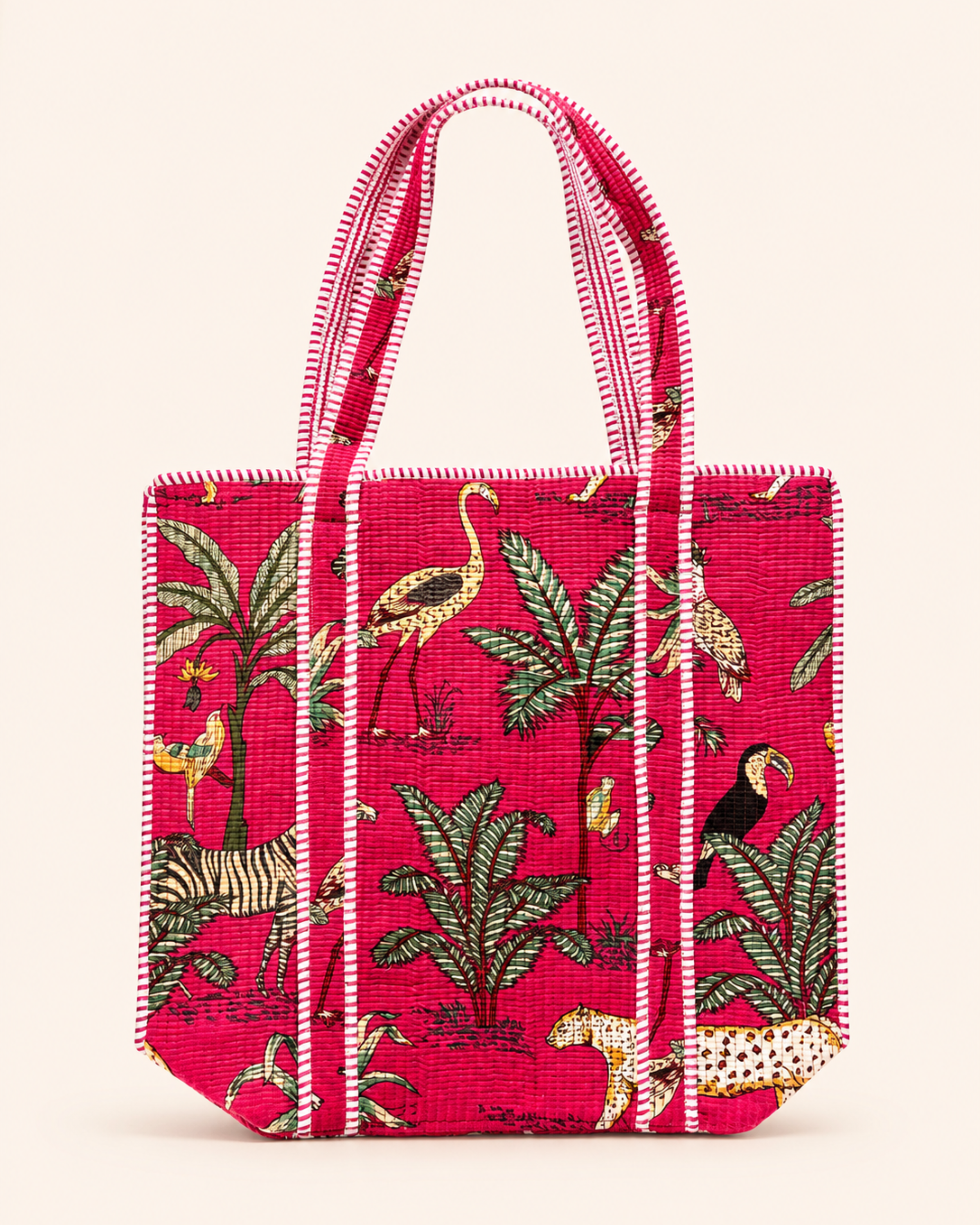Fuchsia Pink Tropical Safari Quilted Canvas Tote Bag | Handcrafted Cotton Shoulder Bag with Inner Pocket | Gulabi Craft