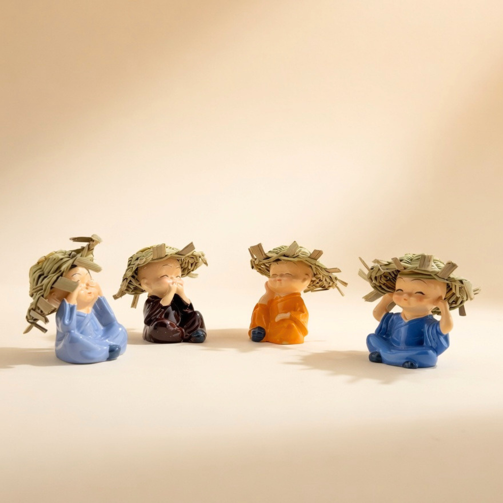 Handcrafted Mindful Monk Mini Statue Set – 4 Cute Zen Figurines for Home Decor &amp; Gifting | Gulabi Craft